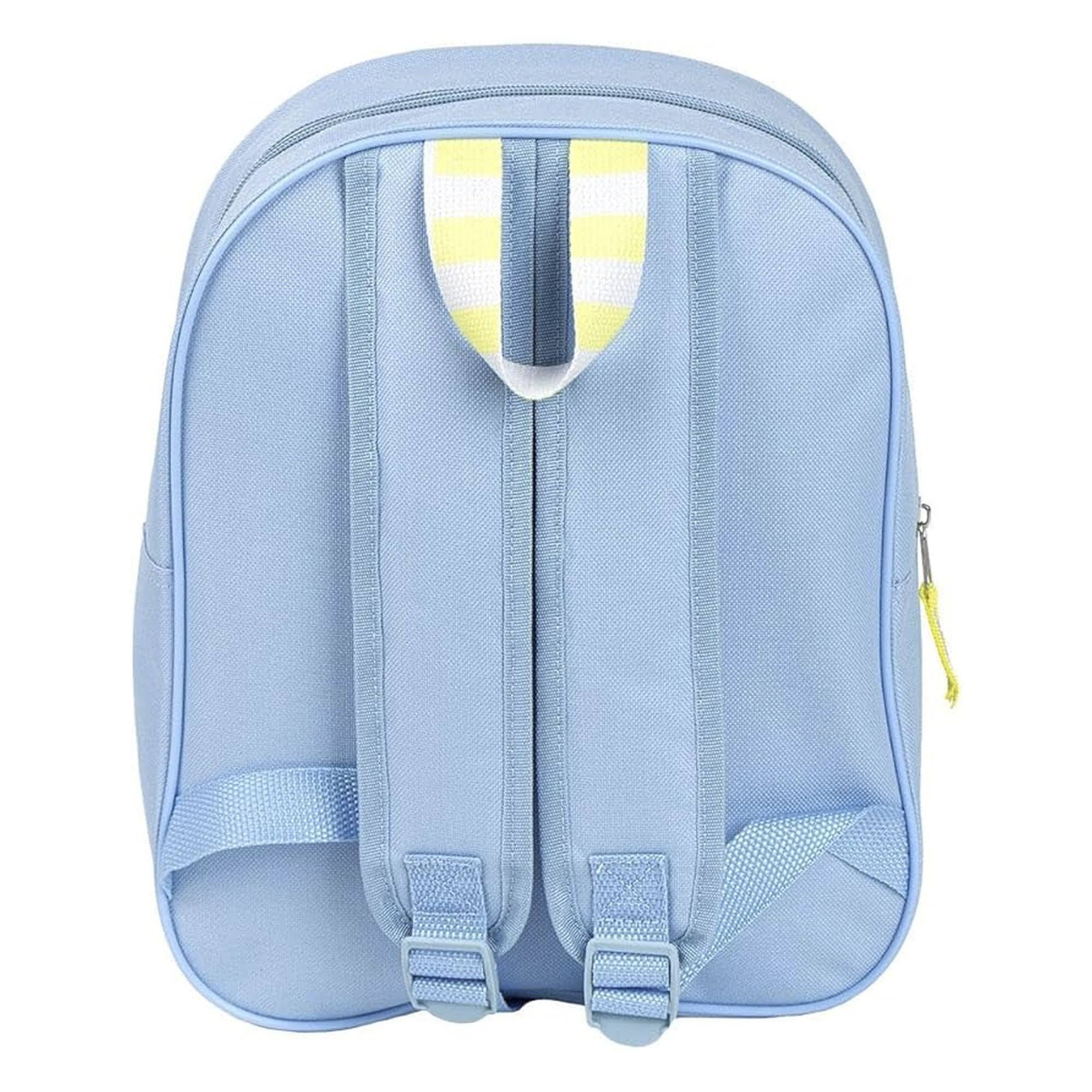 Mochila azul claro con rayas amarillas y blancas en las correas, sobre fondo blanco.