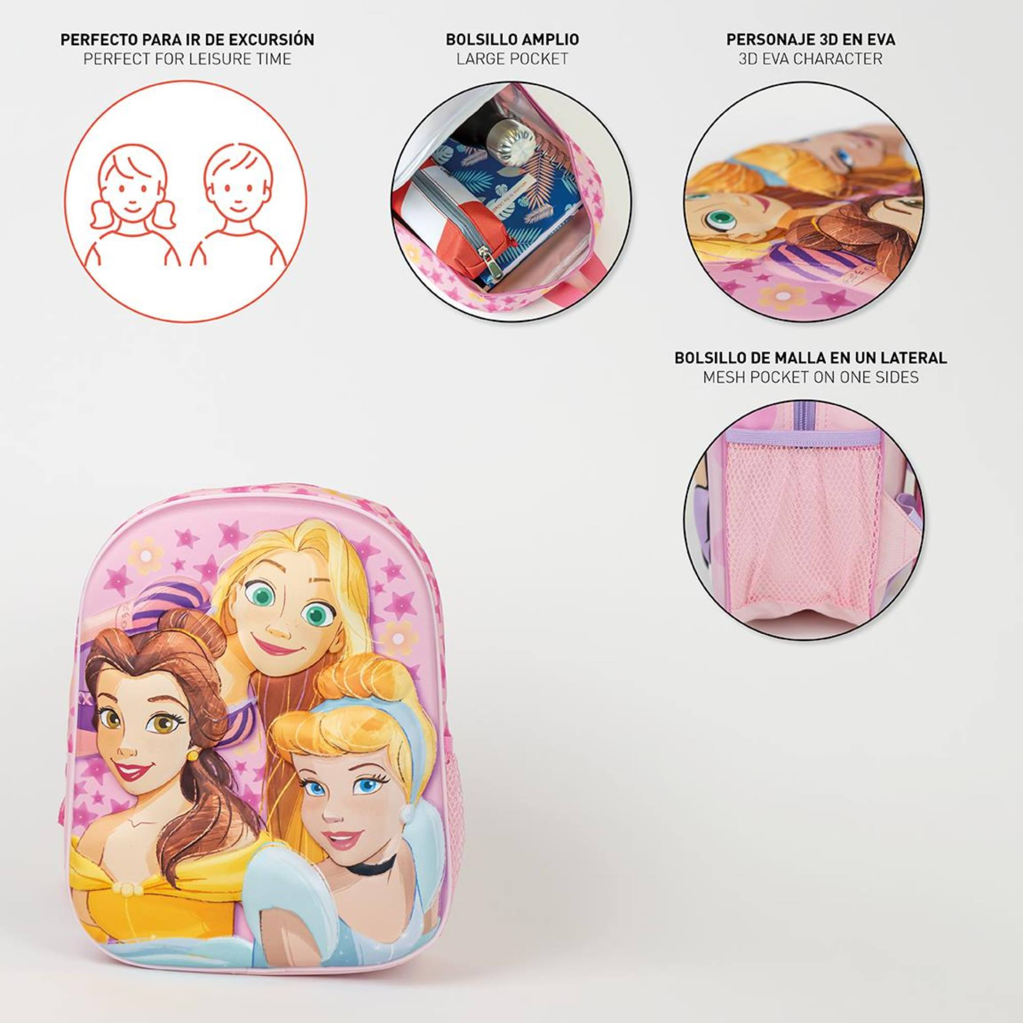 Mochila rosa de princesas Disney con Cenicienta, Bella y Rapunzel. Cuenta con un bolsillo de malla. Fondo blanco.