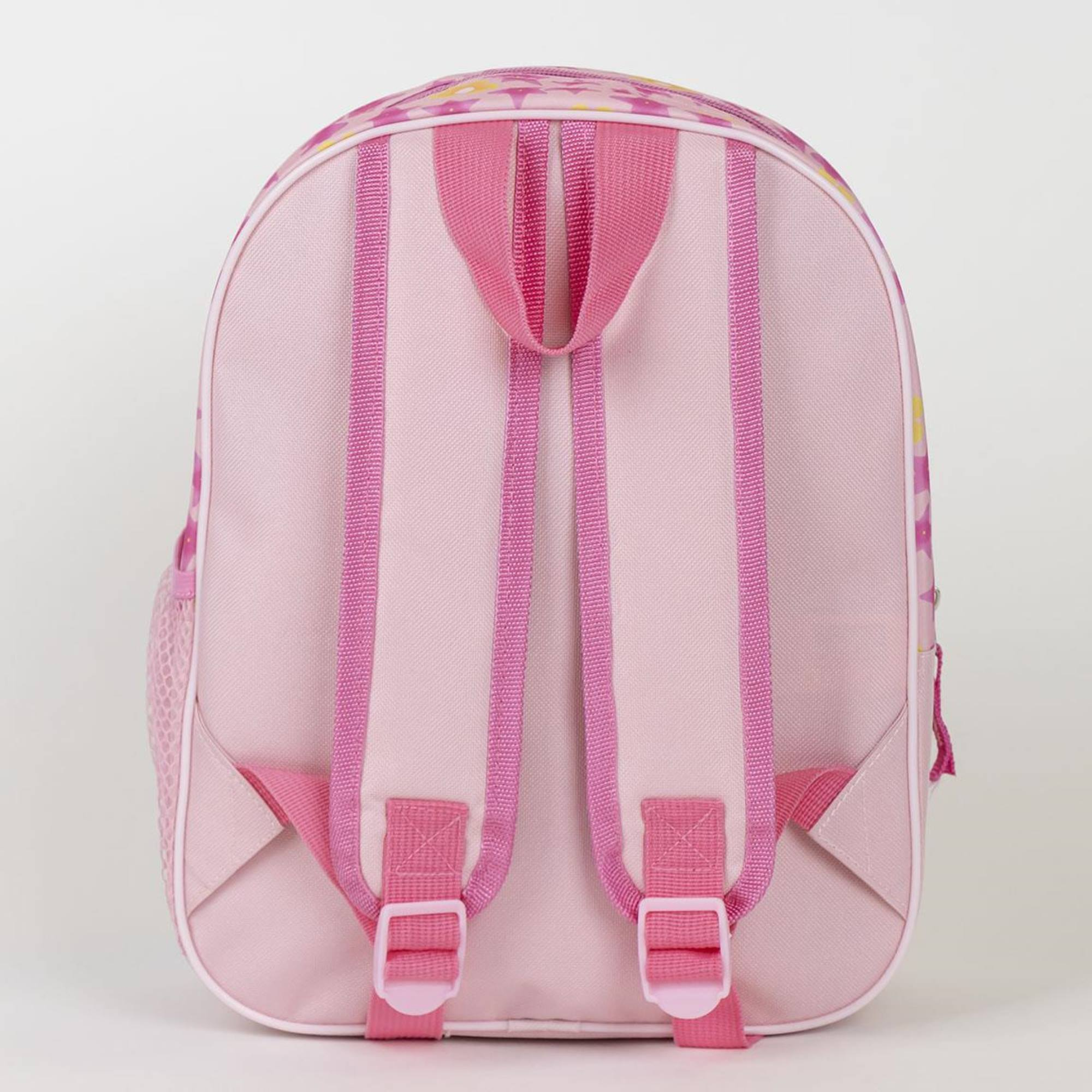 Mochila rosa floral con correas rosas y bolsillo lateral de malla.