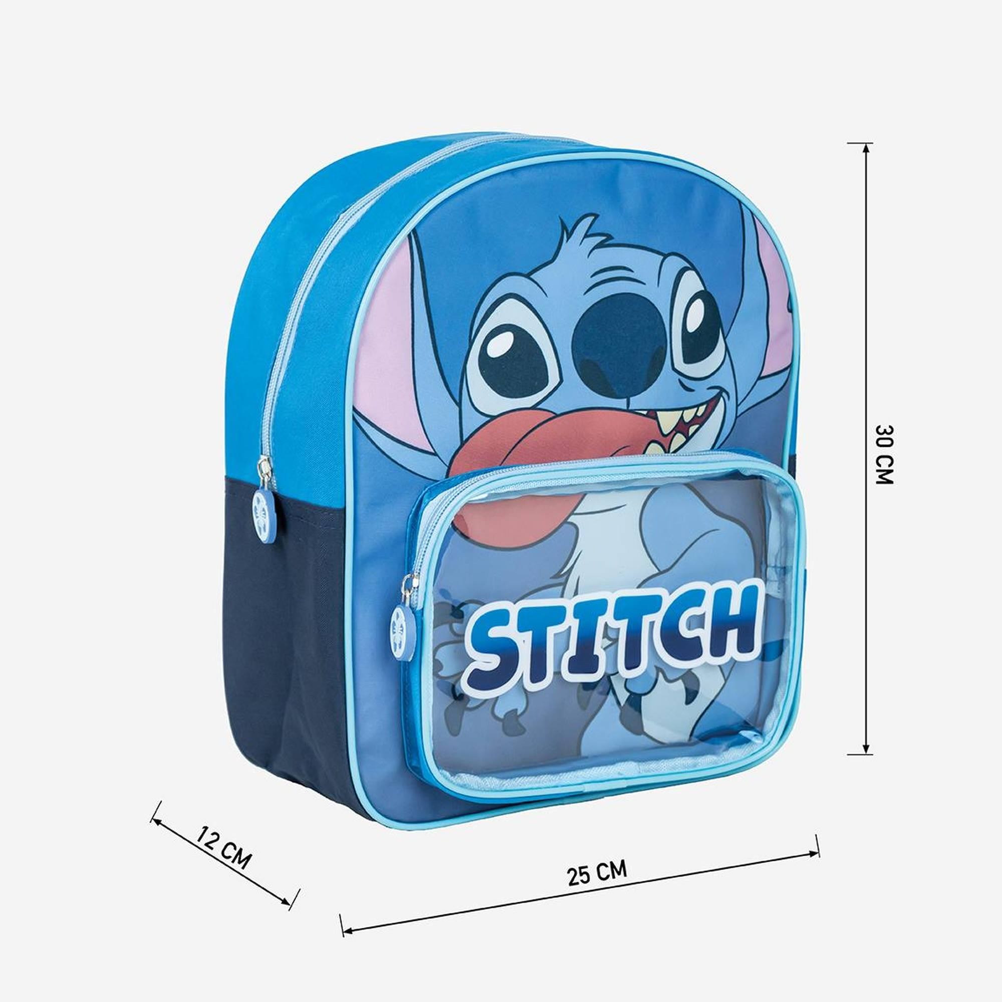 Mochila Stitch azul con bolsillo transparente e imagen; dimensiones: 12x25x30 cm.