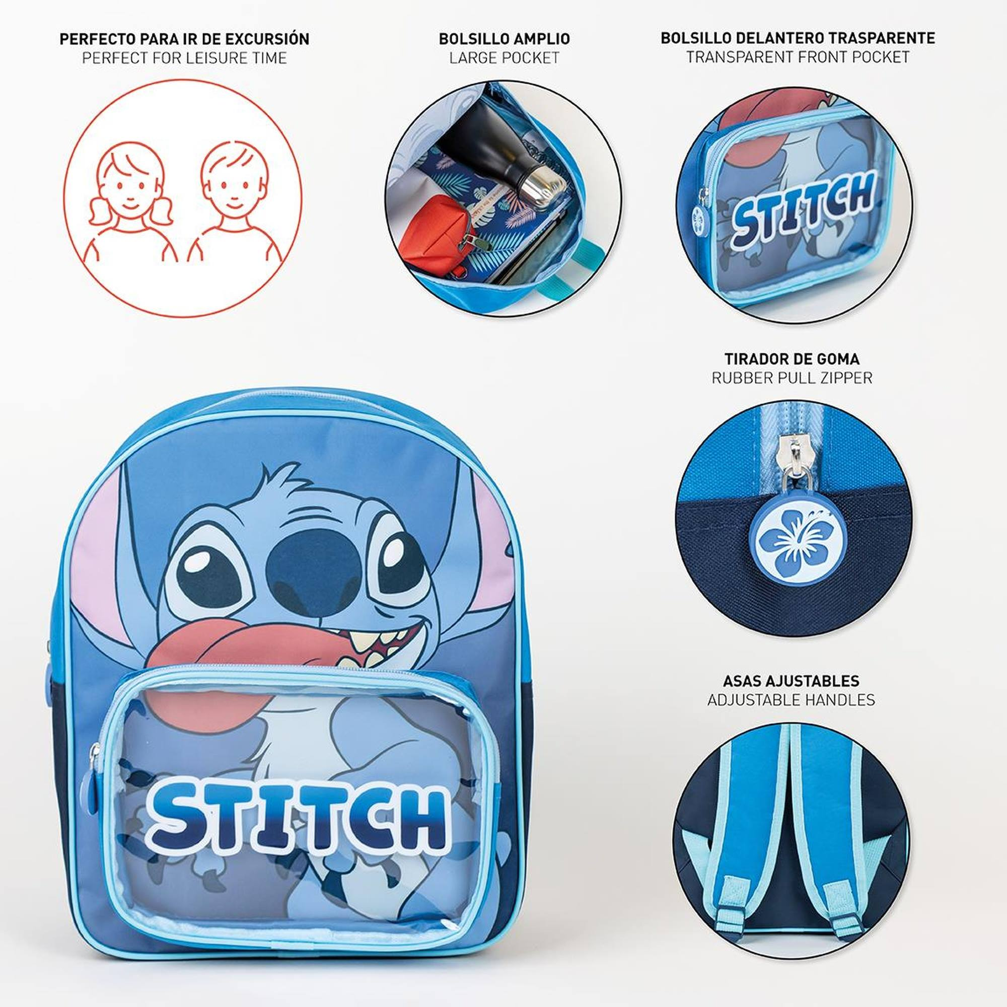 Mochila azul de Stitch con bolsillo frontal transparente y gráfico claro de Stitch.