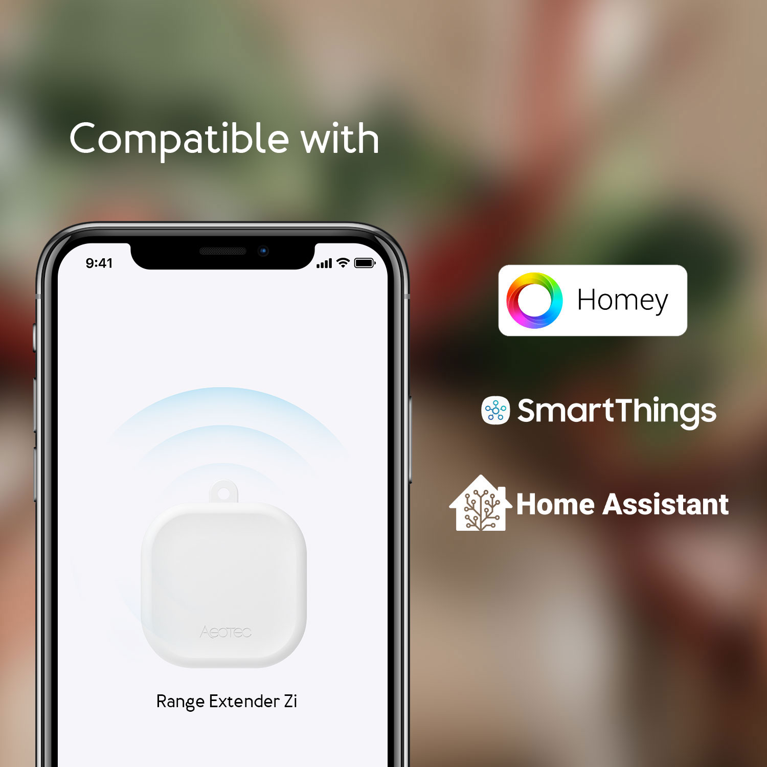 Smartphone che mostra un'app compatibile con Homey, SmartThings e Home Assistant.
