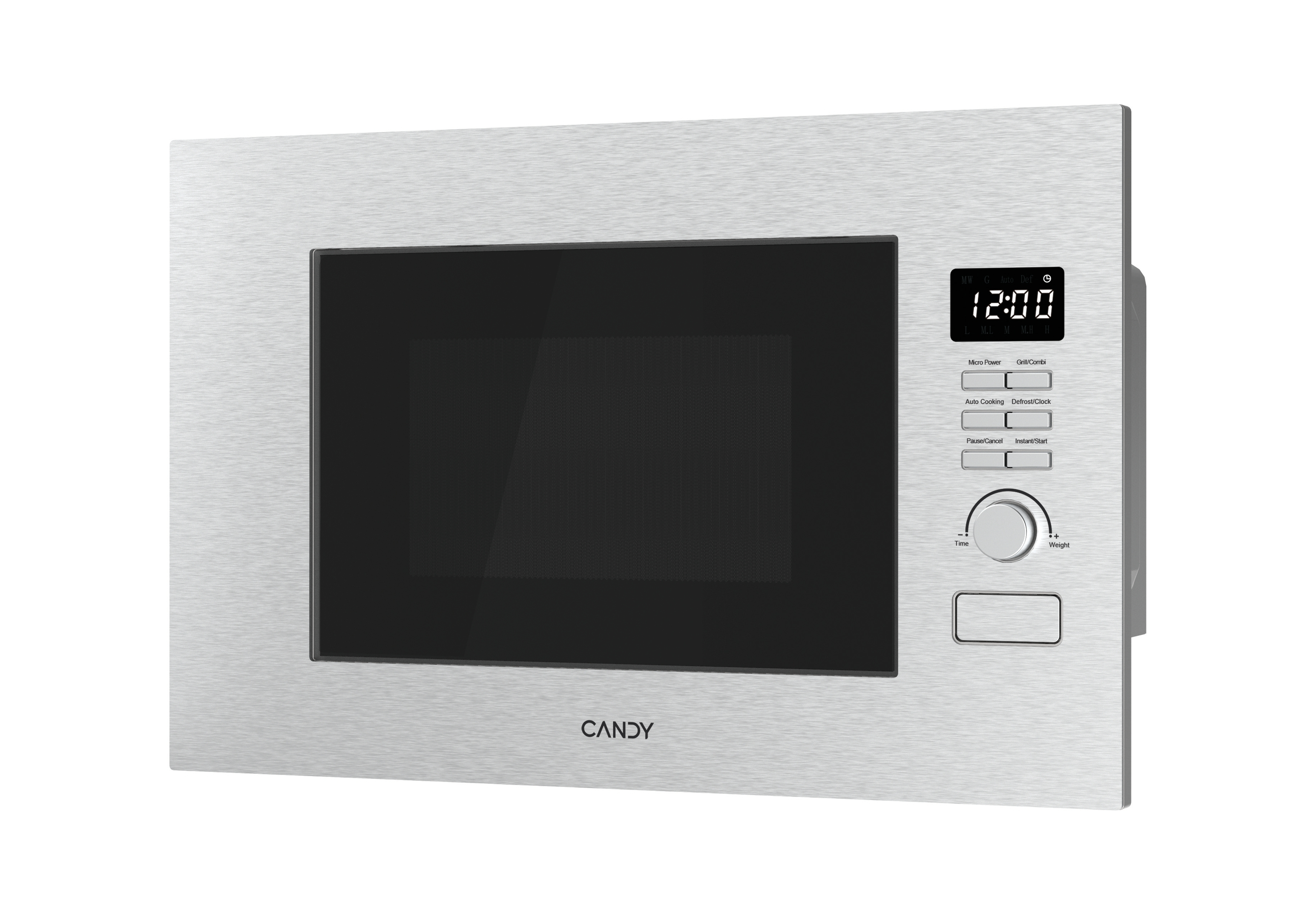 Microondas Candy plateado con reloj digital que muestra las 12:00. Tiene botones de control.