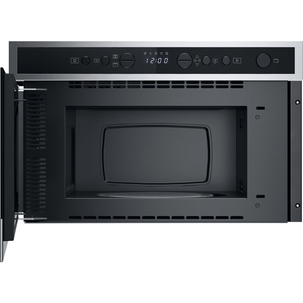 Interno del forno a microonde nero con porta aperta. Il display mostra le 12:00. Interno nero.