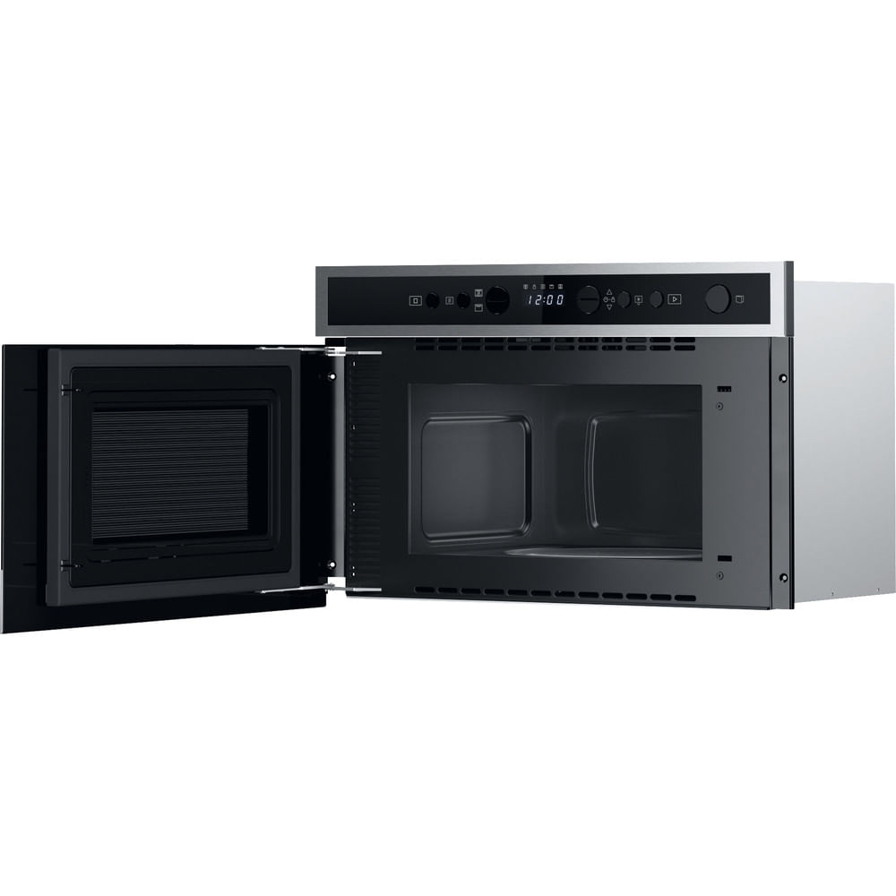 Forno con porta aperta a sinistra, che mostra l'interno. Esterno argentato.