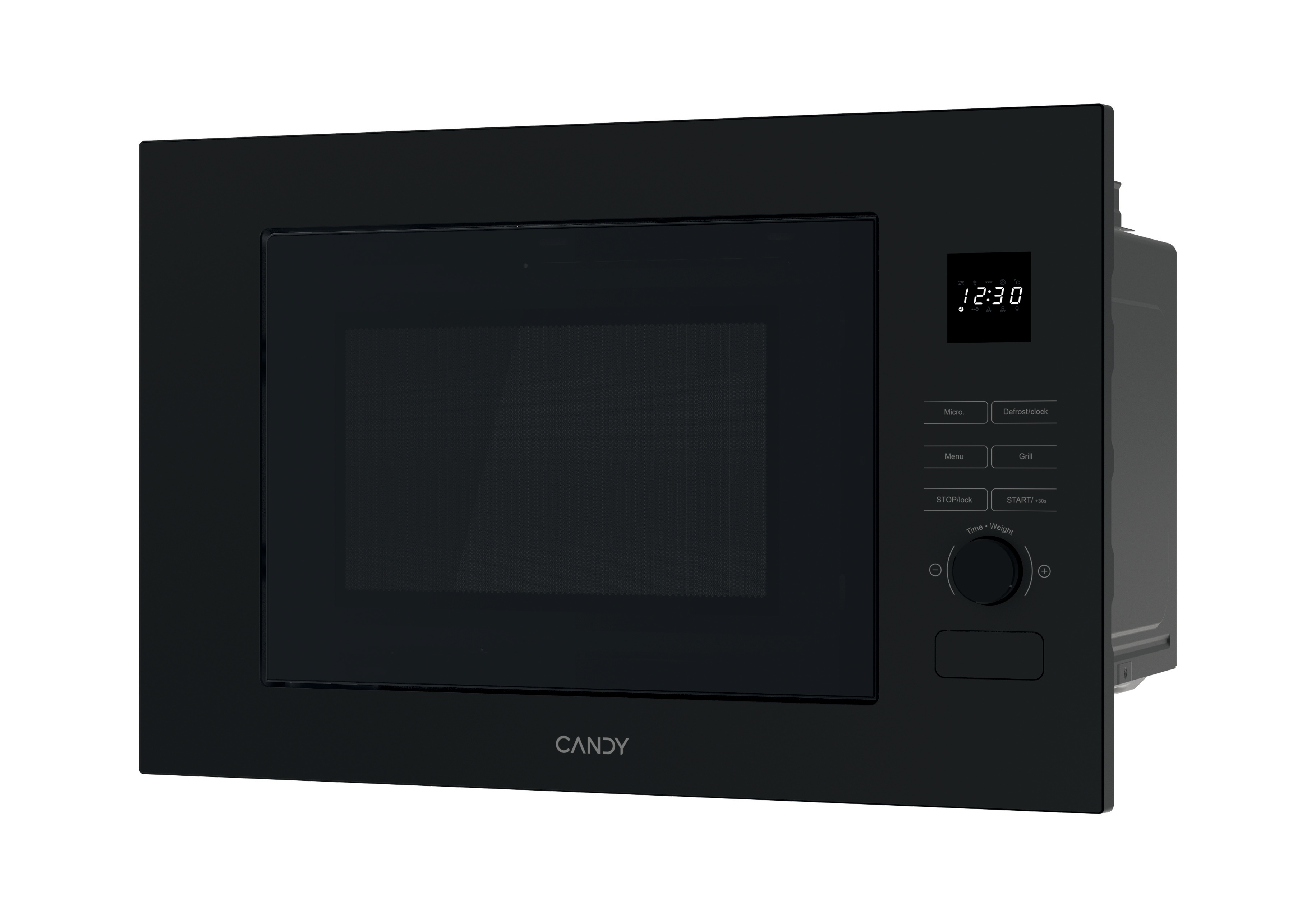 Zwarte inbouw magnetron van Candy. Digitaal display toont 12:30. Knoppen en draaiknop aan de rechterkant.