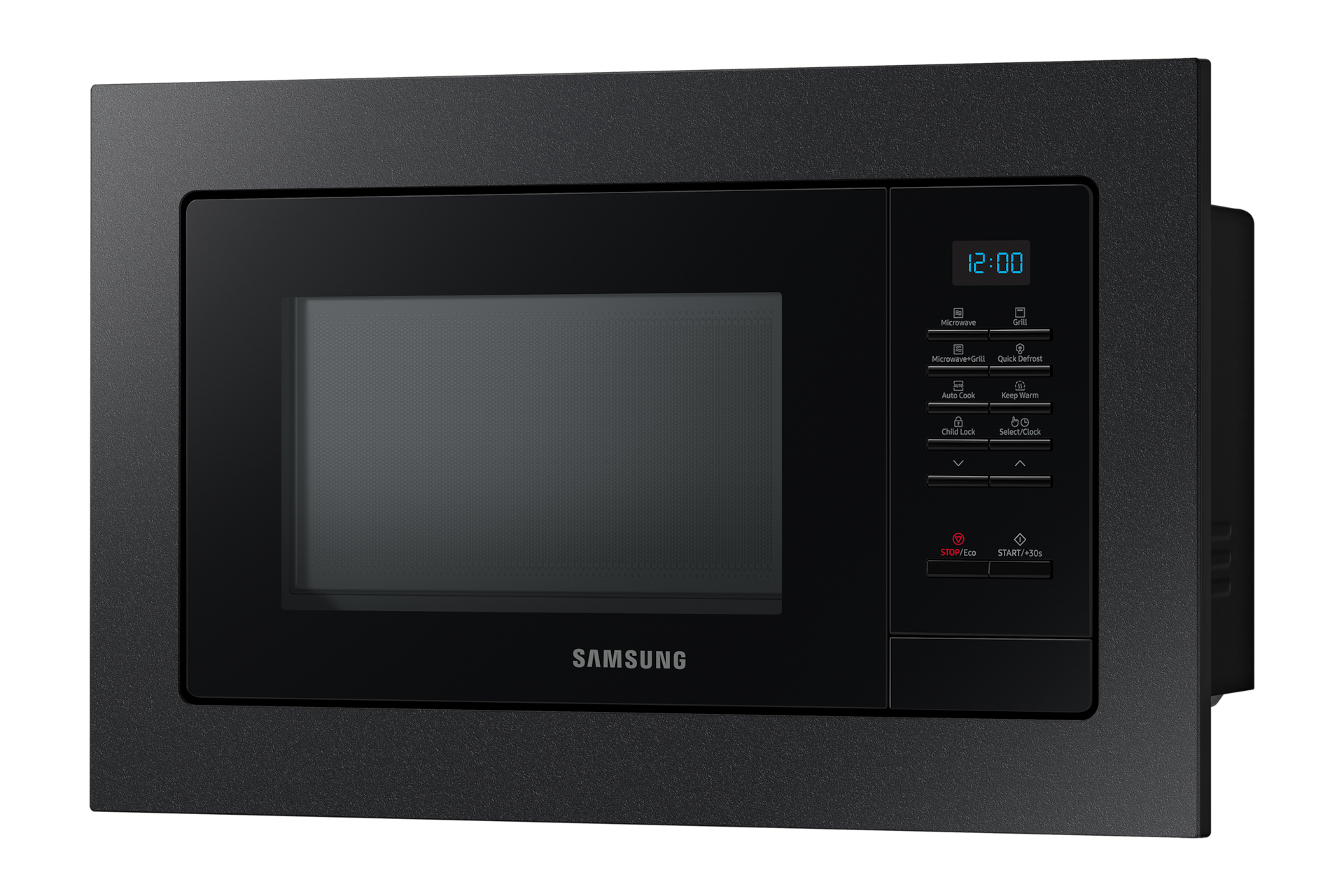 Schwarze Samsung Mikrowelle mit Digitalanzeige, Knöpfen und schwarzem Rahmen.