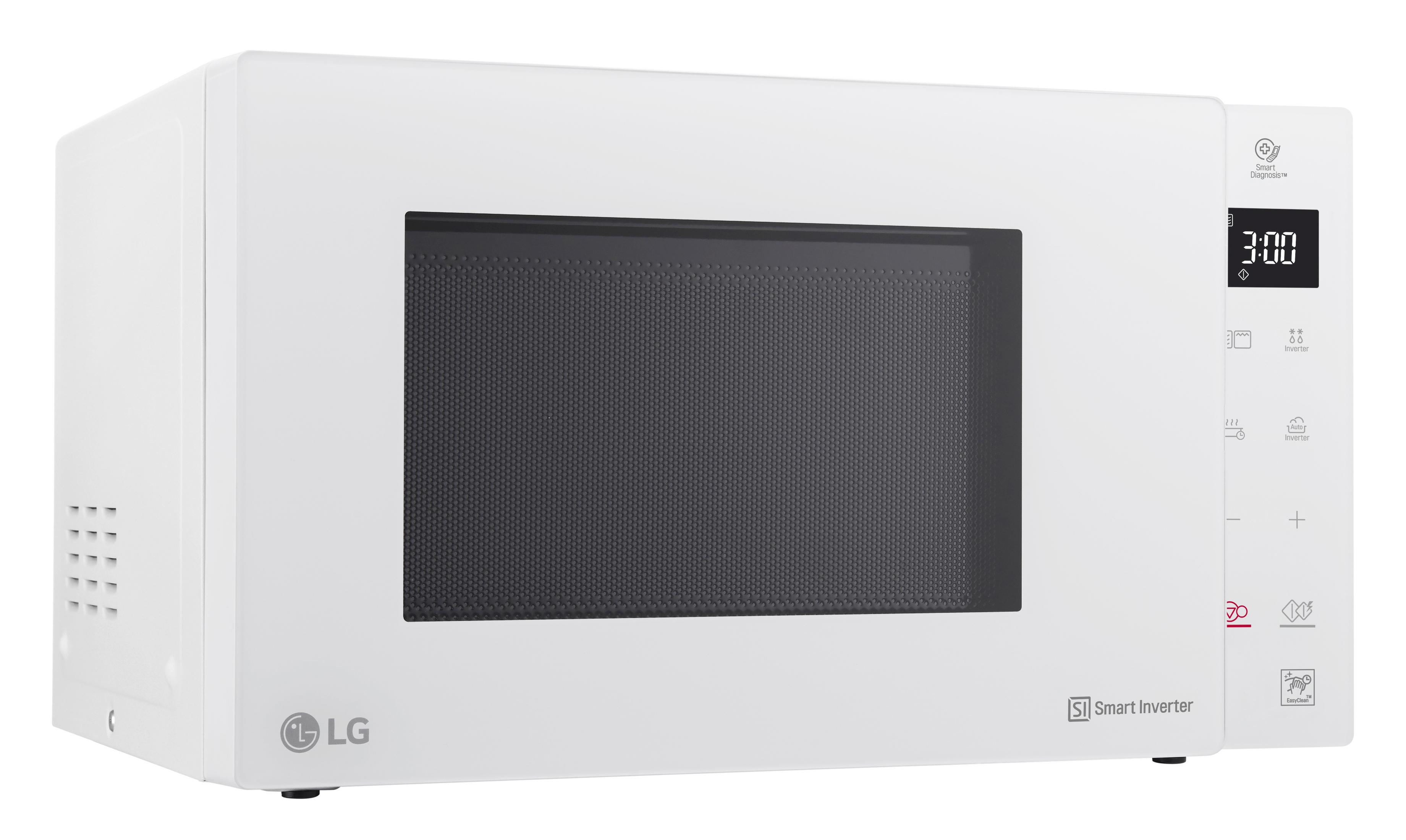 Four à micro-ondes LG blanc avec affichage numérique et panneau de contrôle à droite.