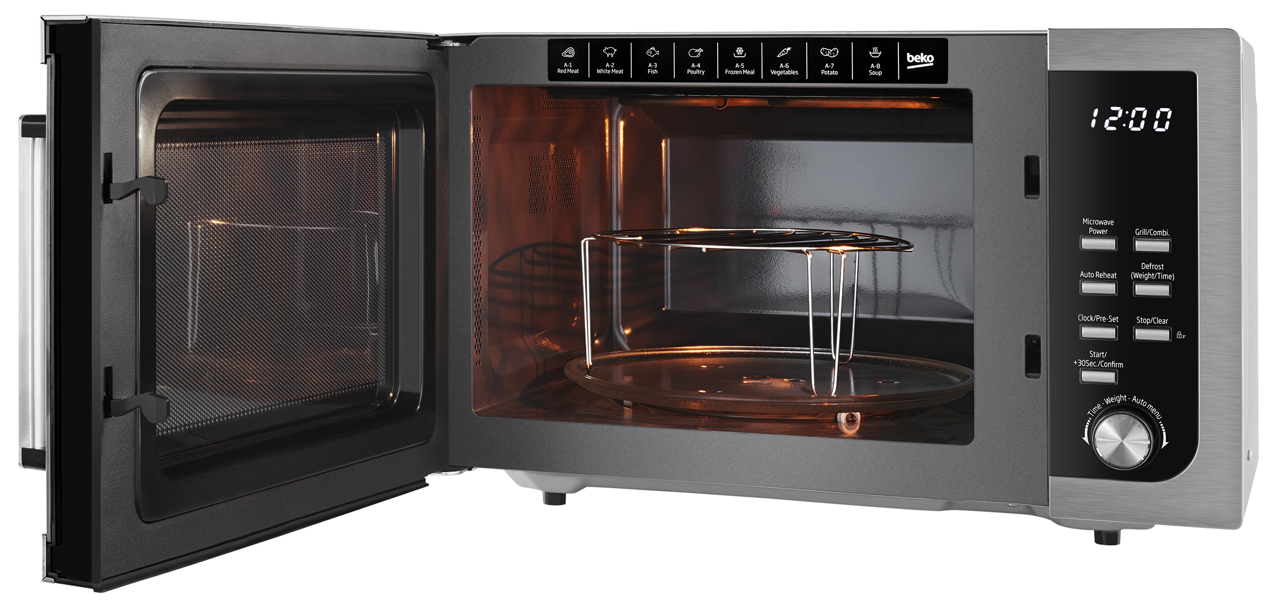 Forno a microonde Beko, porta aperta. L'interno mostra un piatto di vetro e una griglia metallica. Display digitale 12:00.