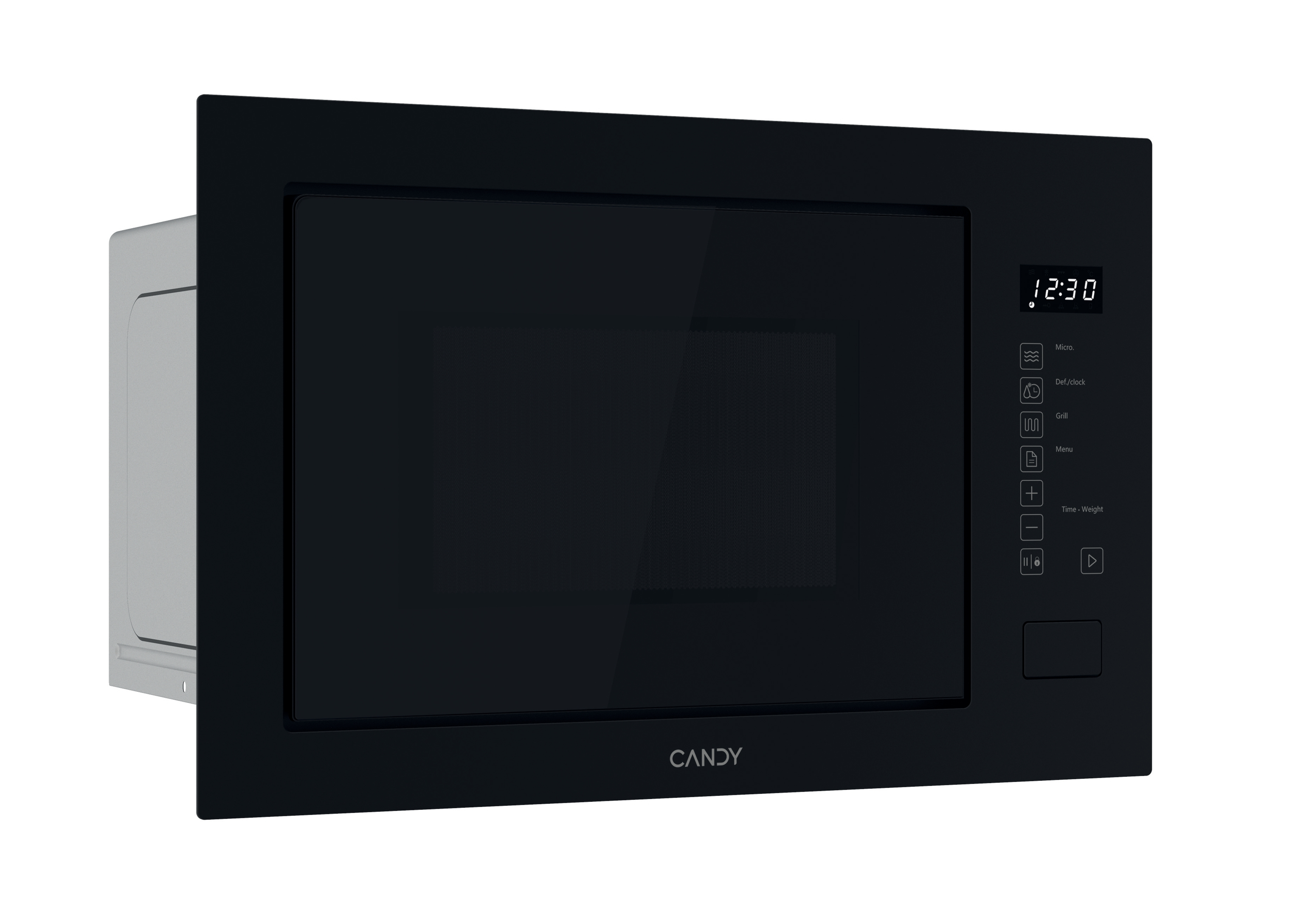 Microondas negro empotrado. La pantalla digital muestra la hora. Panel de control a la derecha.