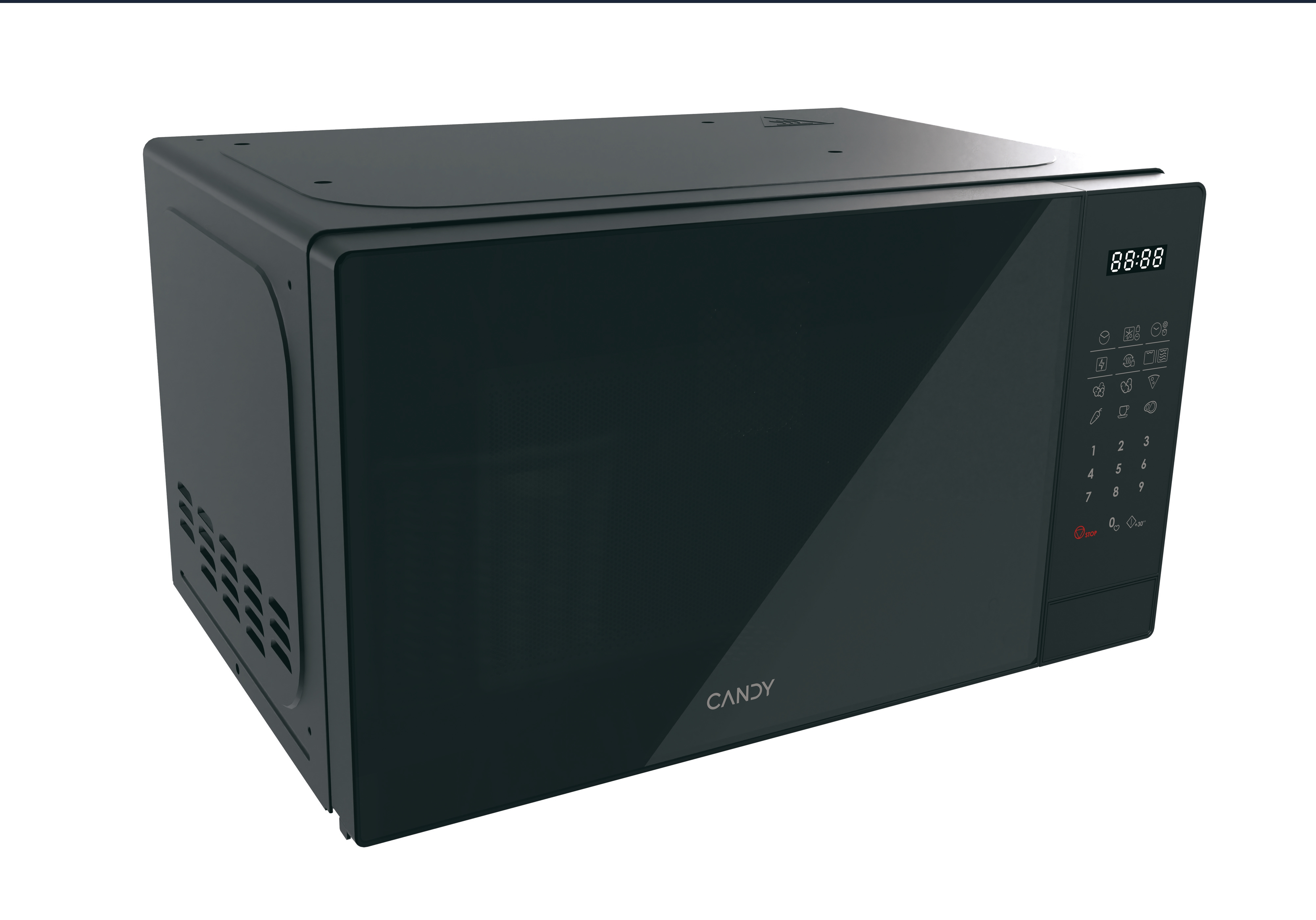 Horno microondas negro con pantalla digital y panel de control. Logotipo Candy visible.