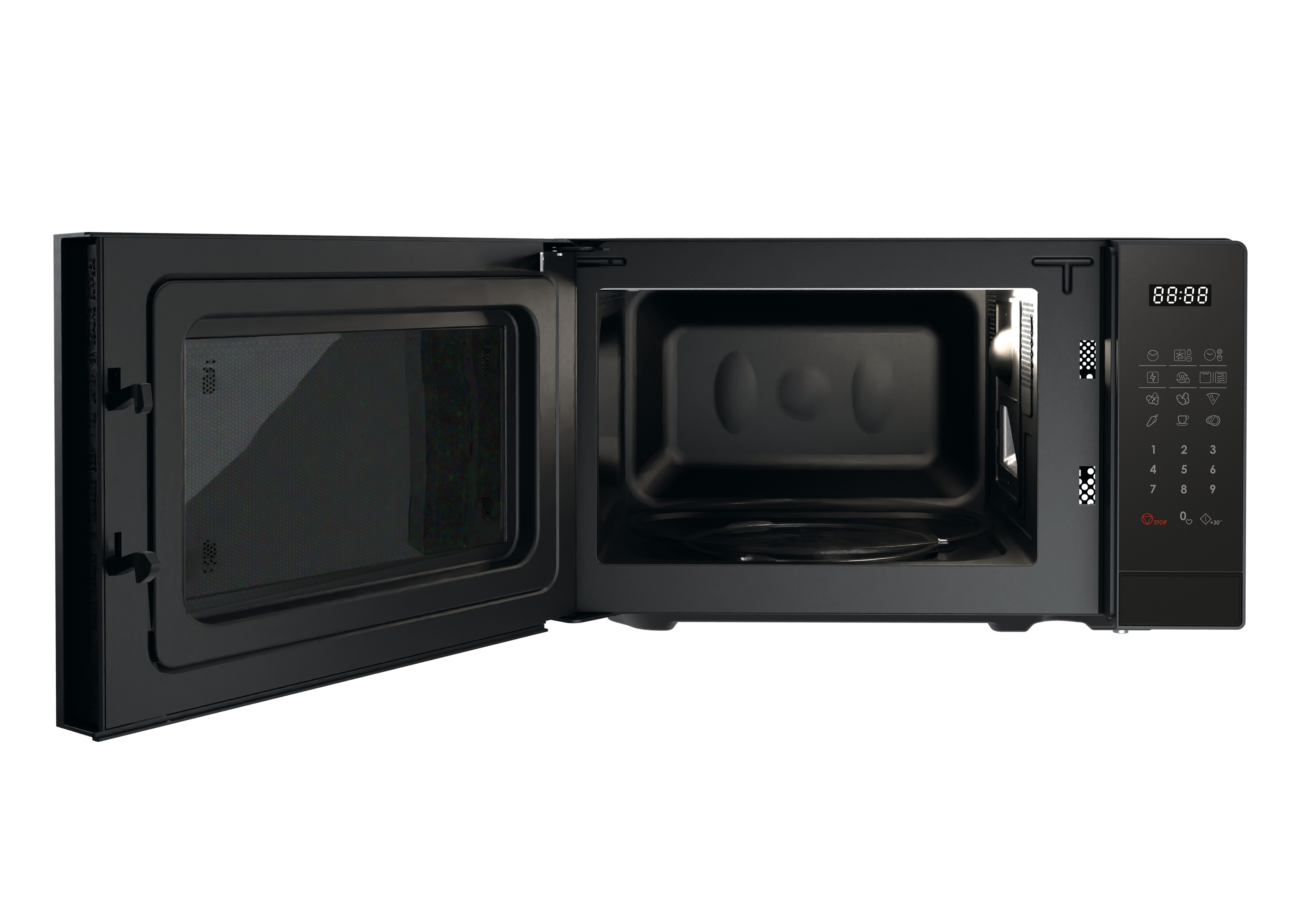 Microondas negro con puerta abierta, interior visible. Pantalla digital y panel de control.
