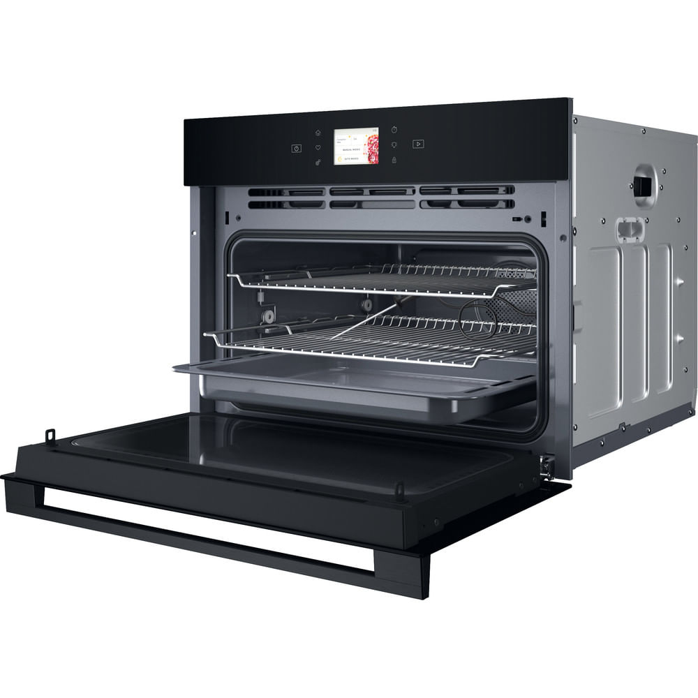 Black oven with the door open, showing racks and a tray inside. Side panels are visible.