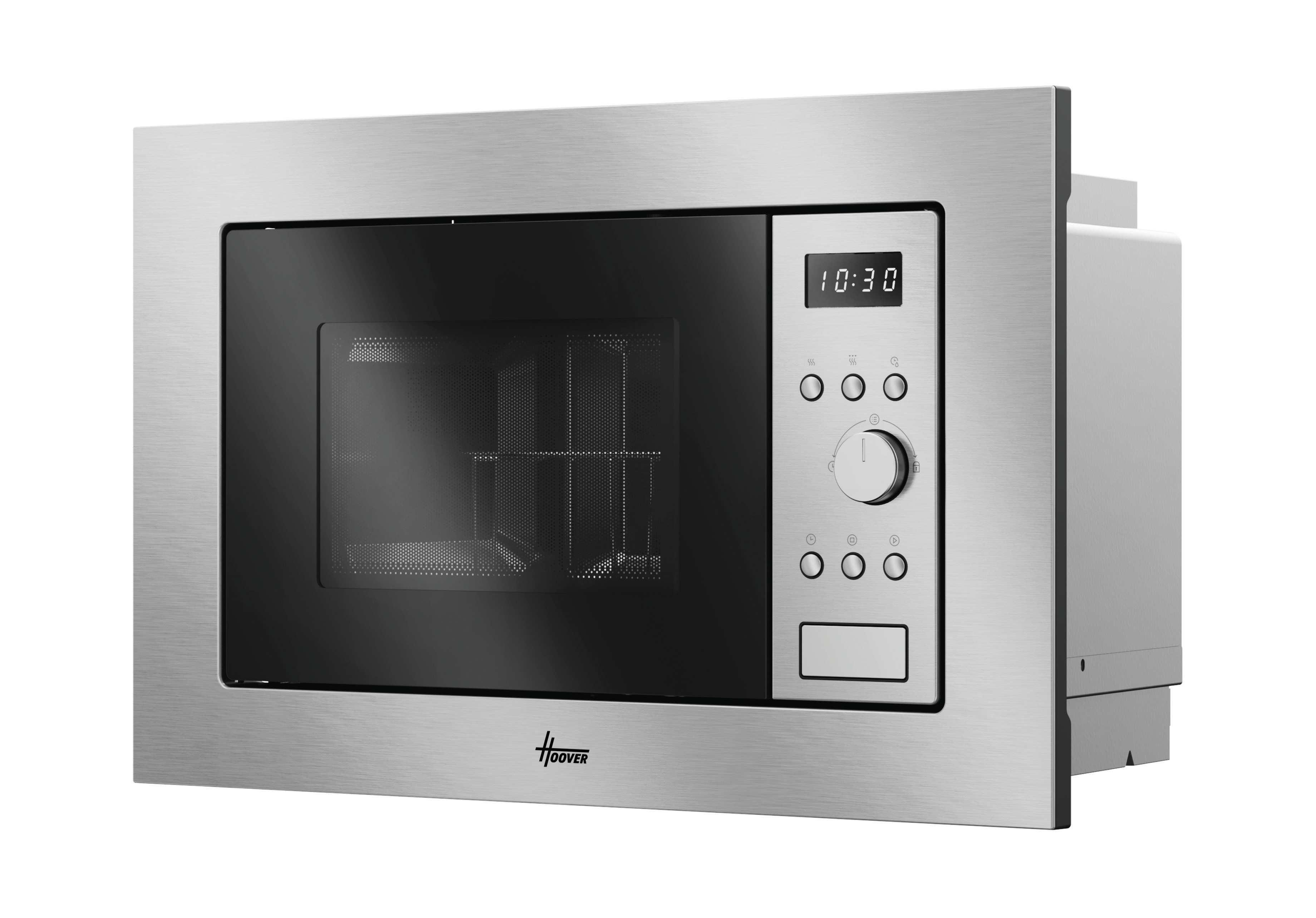 Horno microondas Hoover de acero inoxidable con pantalla digital y panel de control a la derecha.