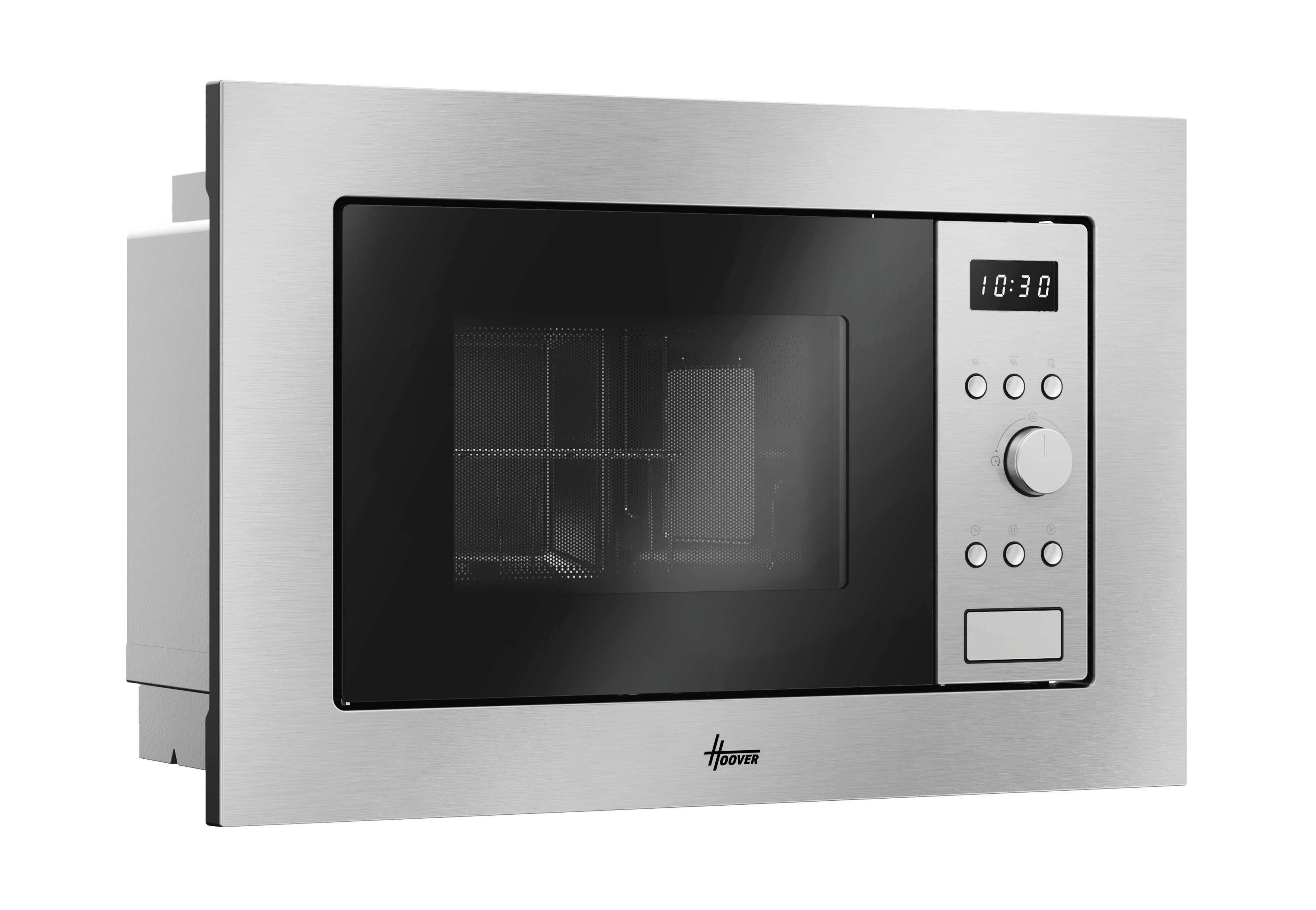 Horno microondas plateado con pantalla digital y panel de control, logo Hoover visible.