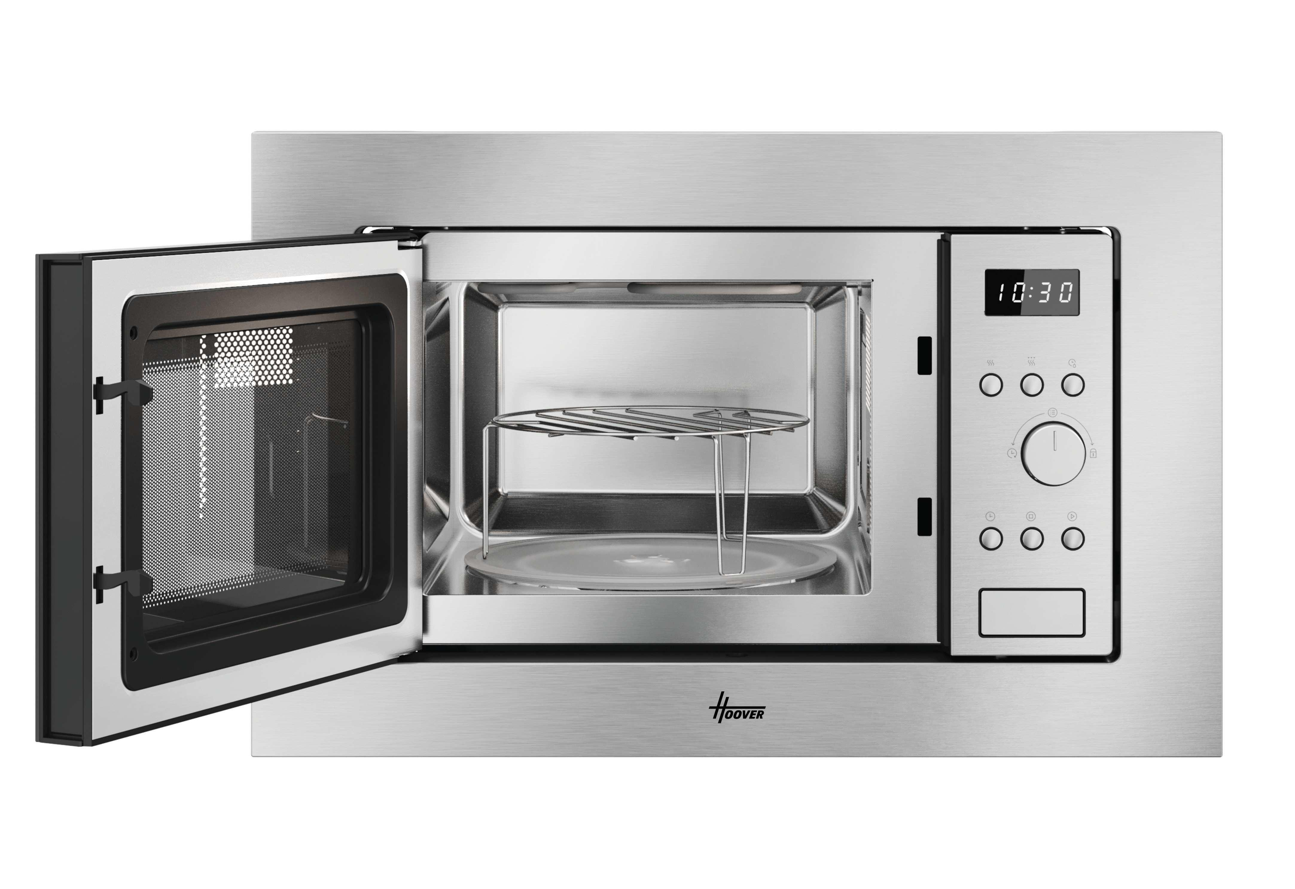 Microondas plateado con puerta abierta, interior visible. Panel de control y logo Hoover.
