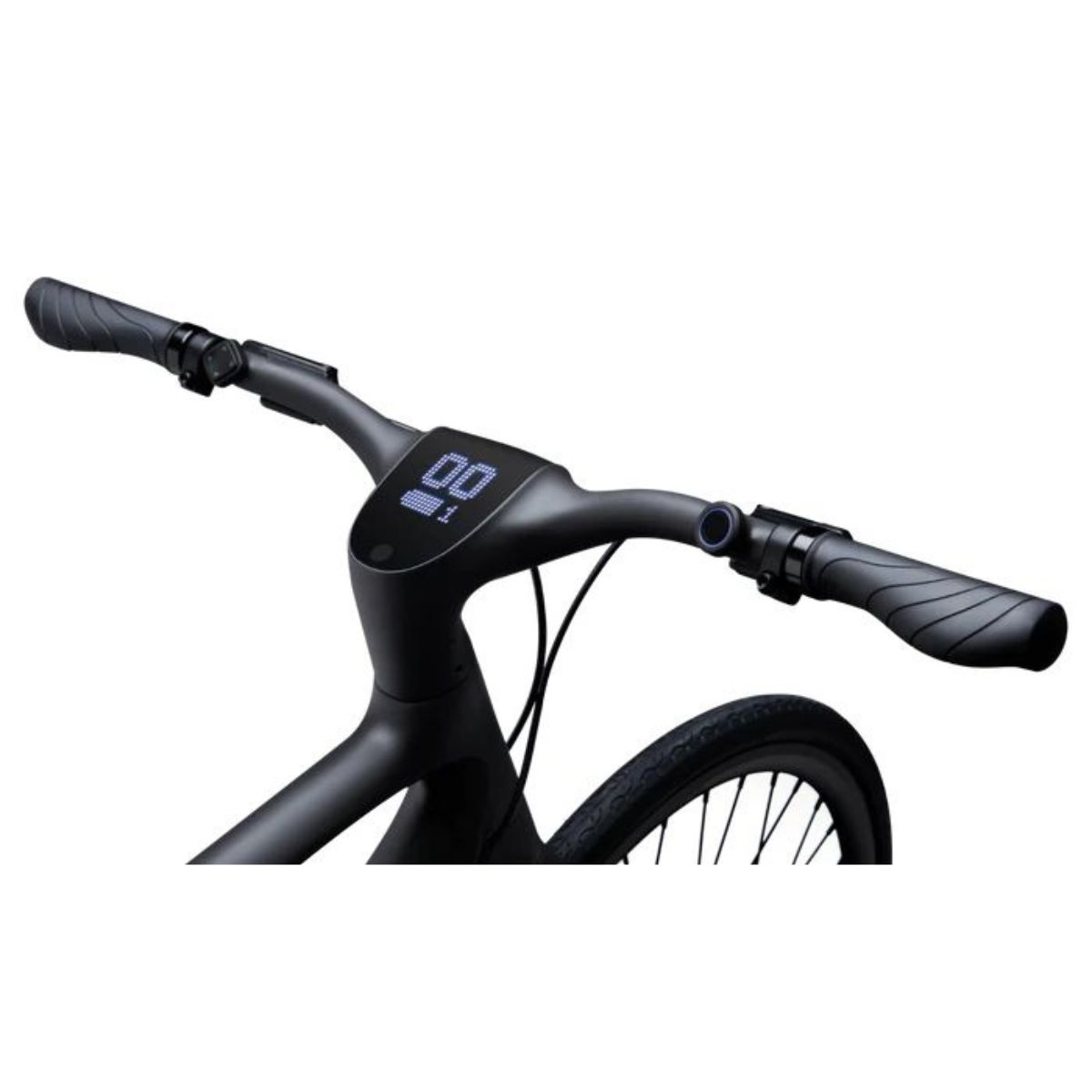 Manubrio di bicicletta nero con display digitale. Sfondo bianco.