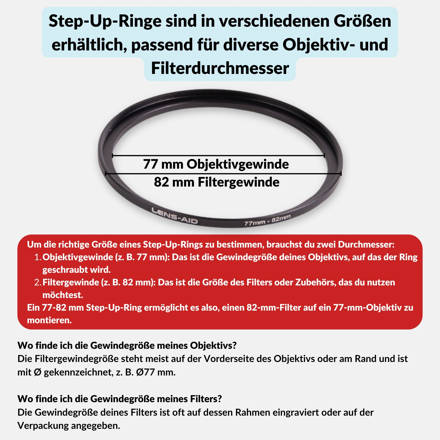 Text und Diagramme über Objektivfilter und deren Verwendung, mit einem Lens-Aid-Filter, der Abmessungen zeigt.