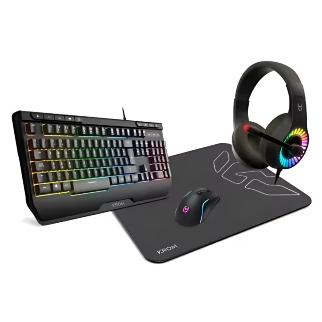 Configuración de juego: teclado, ratón, auriculares y alfombrilla. Negro. Iluminación RGB. Blanco.