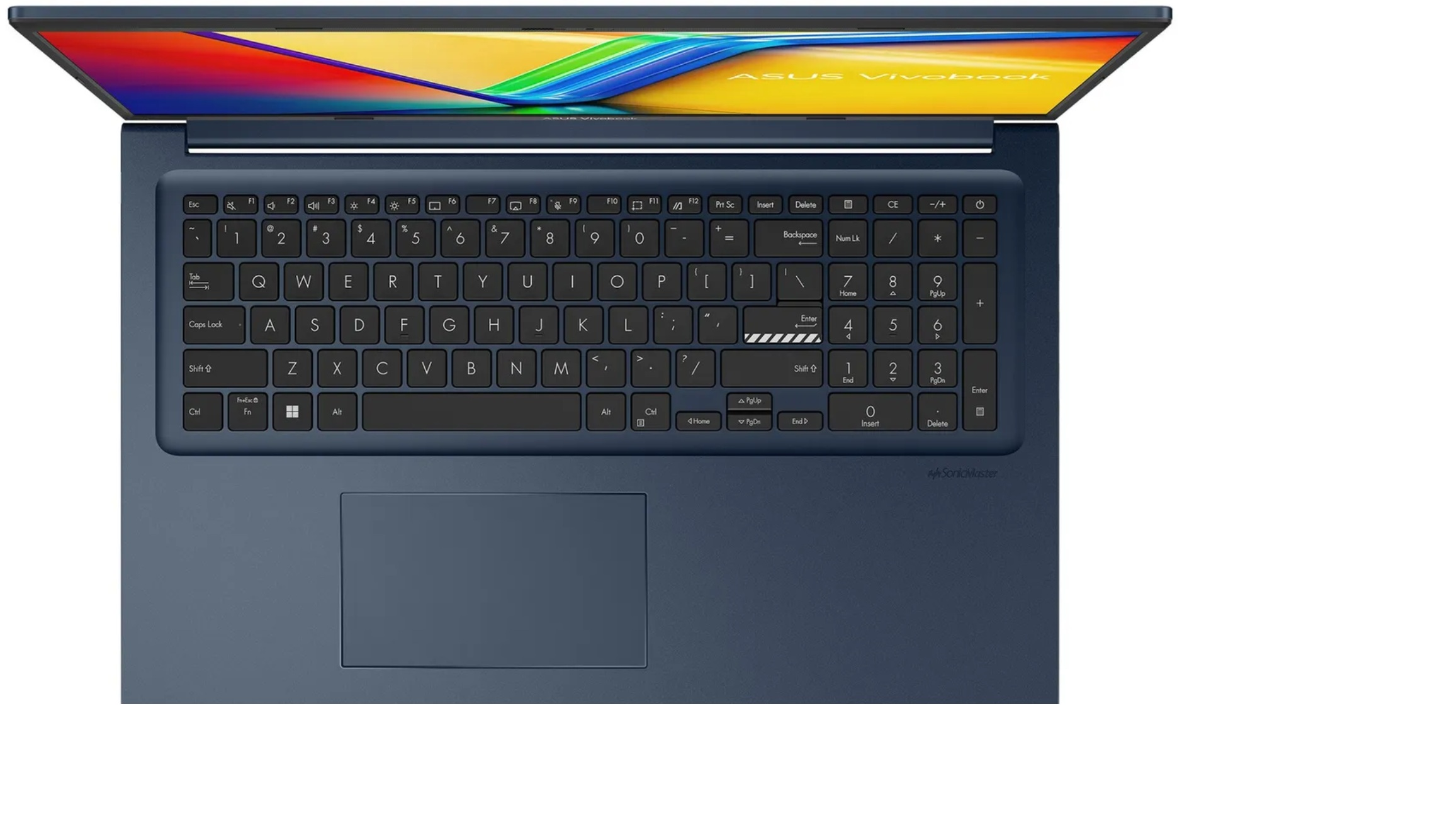 Asus Vivobook Laptop. Offen, Tastaturansicht, blaue Farbe. Weißer Hintergrund.