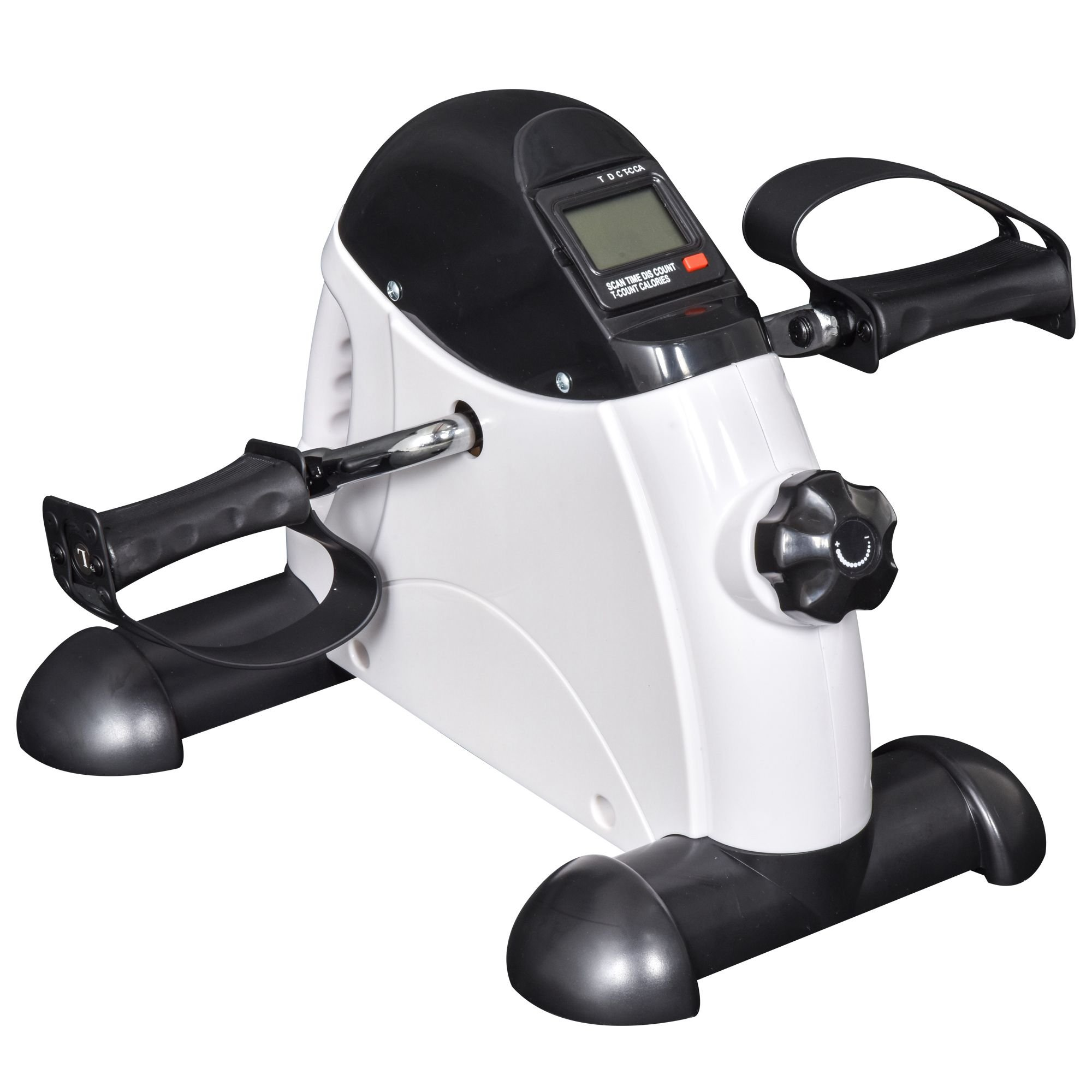 Ein weißes und schwarzes Trainingsfahrrad mit digitaler Anzeige und Griffen. Schwarze Pedale sind sichtbar.