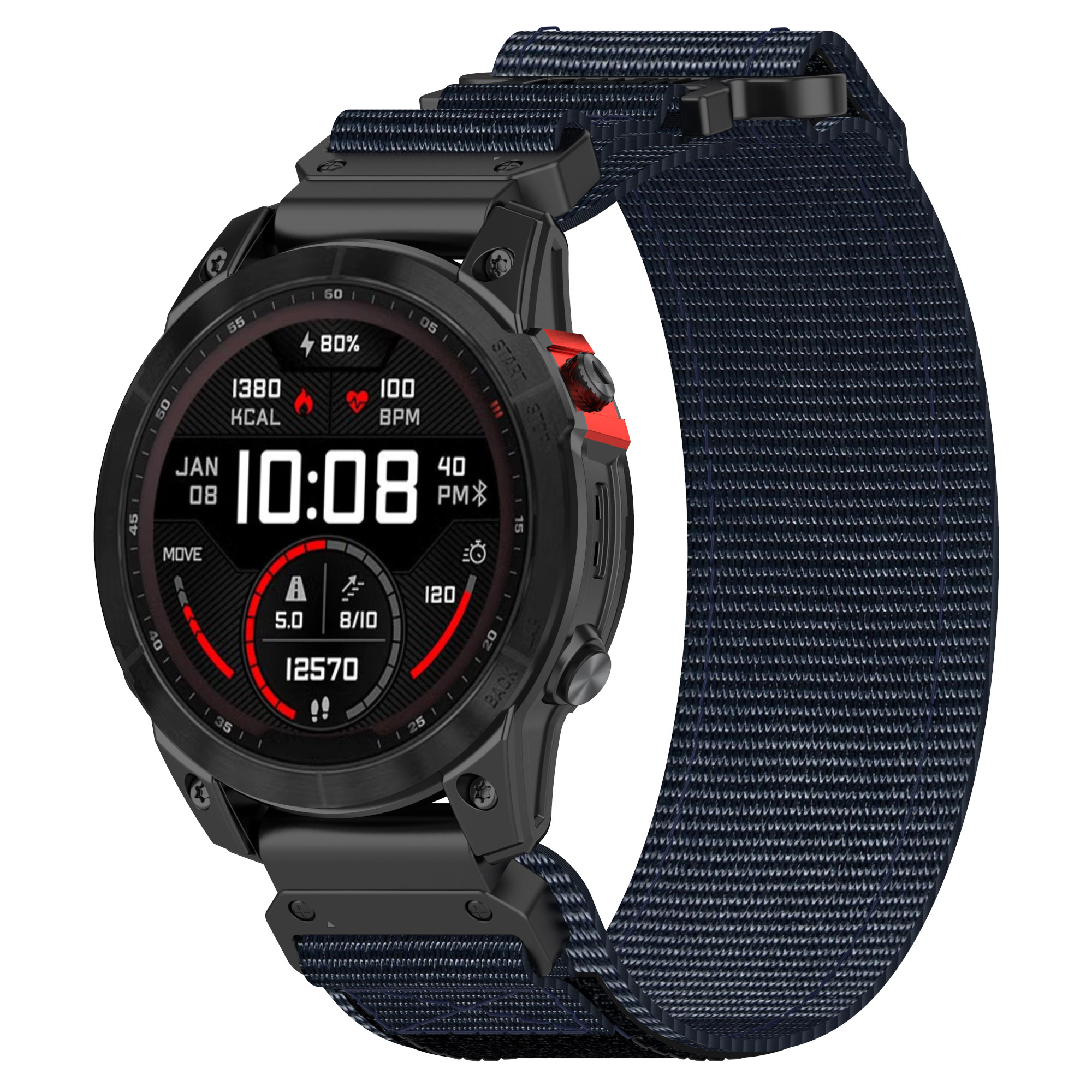 Schwarze Smartwatch mit blauem Armband, zeigt Zeit, Stats.