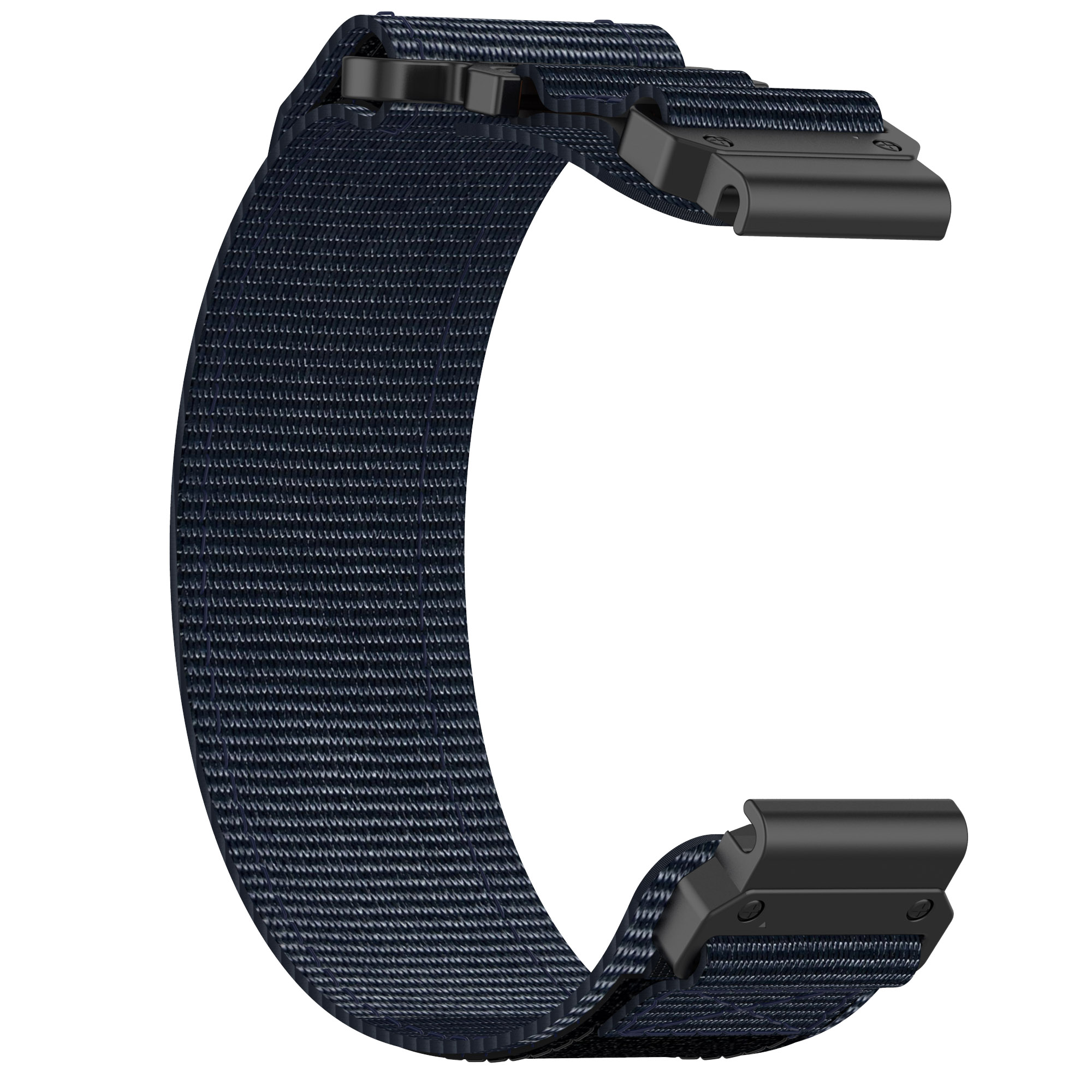 Marineblaues Uhrenarmband mit schwarzen Verschlüssen.
