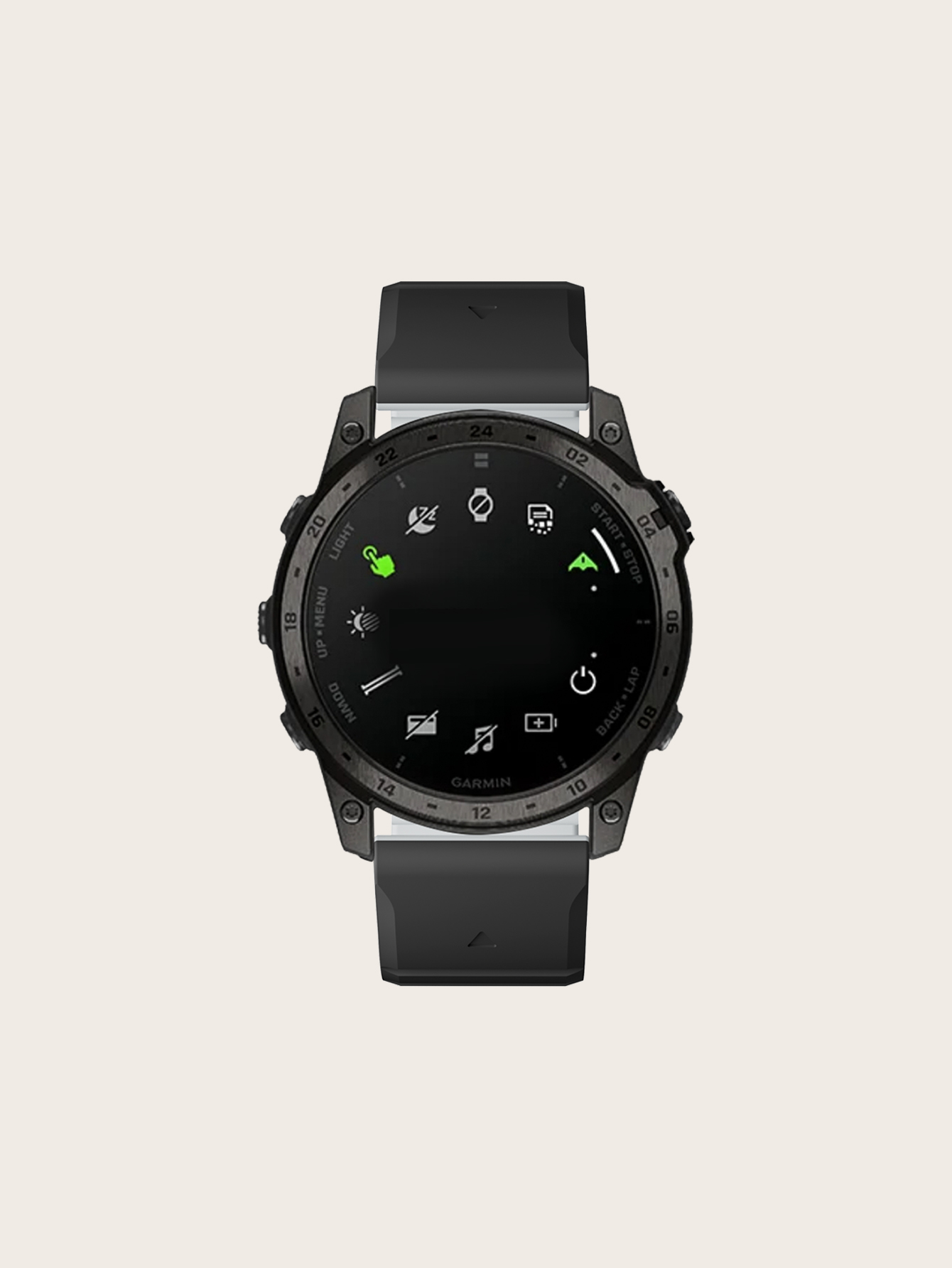 Schwarze Smartwatch mit schwarzem Band. Das Display zeigt Symbole, die Uhr ist auf hellem Hintergrund.