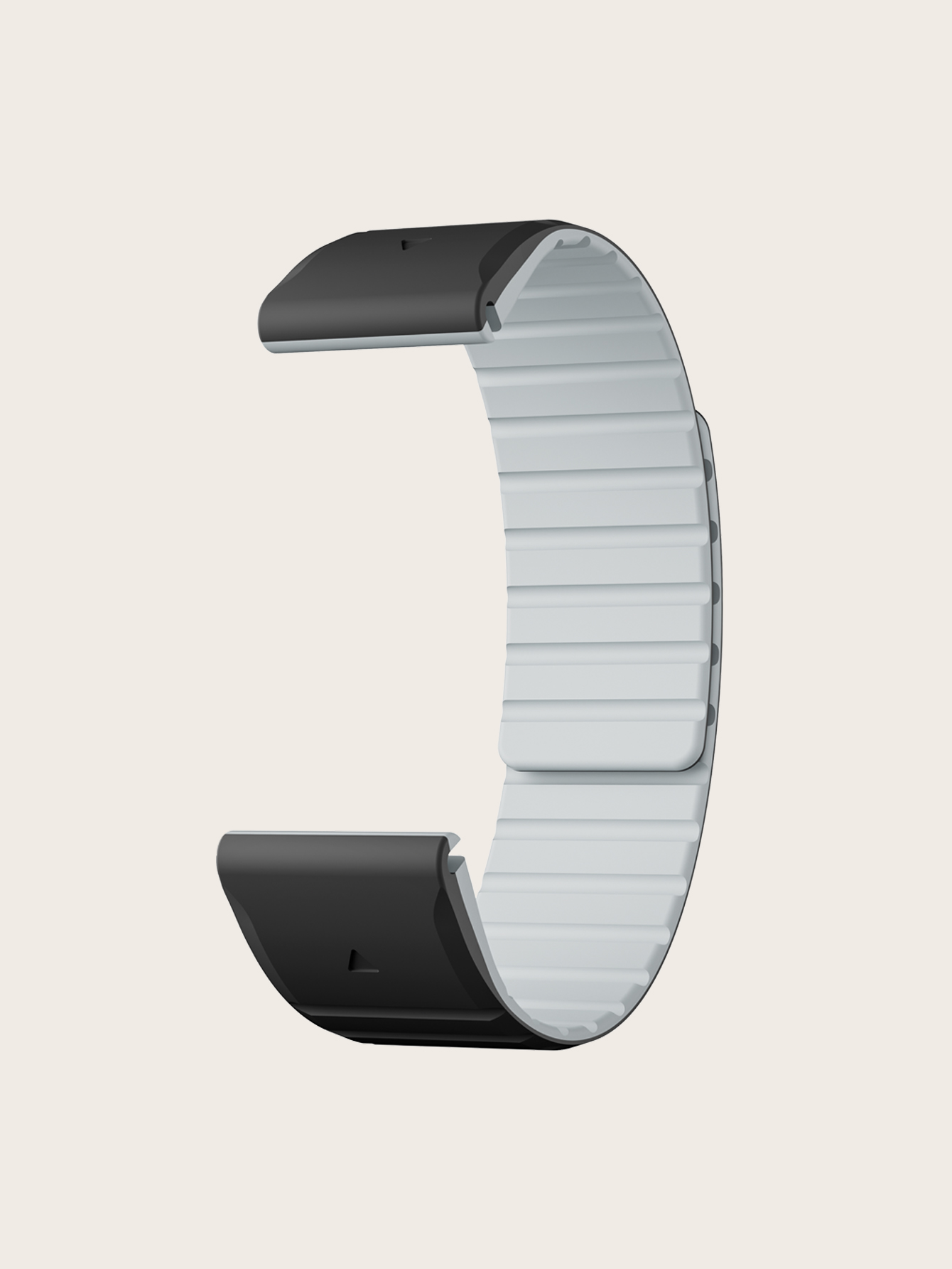 Schwarzes und weißes Uhrenarmband, gebogen. Schwarze Enden, weißes geripptes Zentrum. Heller Hintergrund.