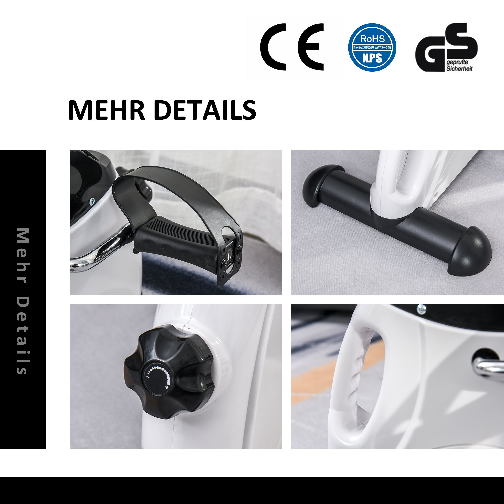Mehrere Bilder, die Details eines Mini-Heimtrainers zeigen, einschließlich Pedale, Display und Griffe.