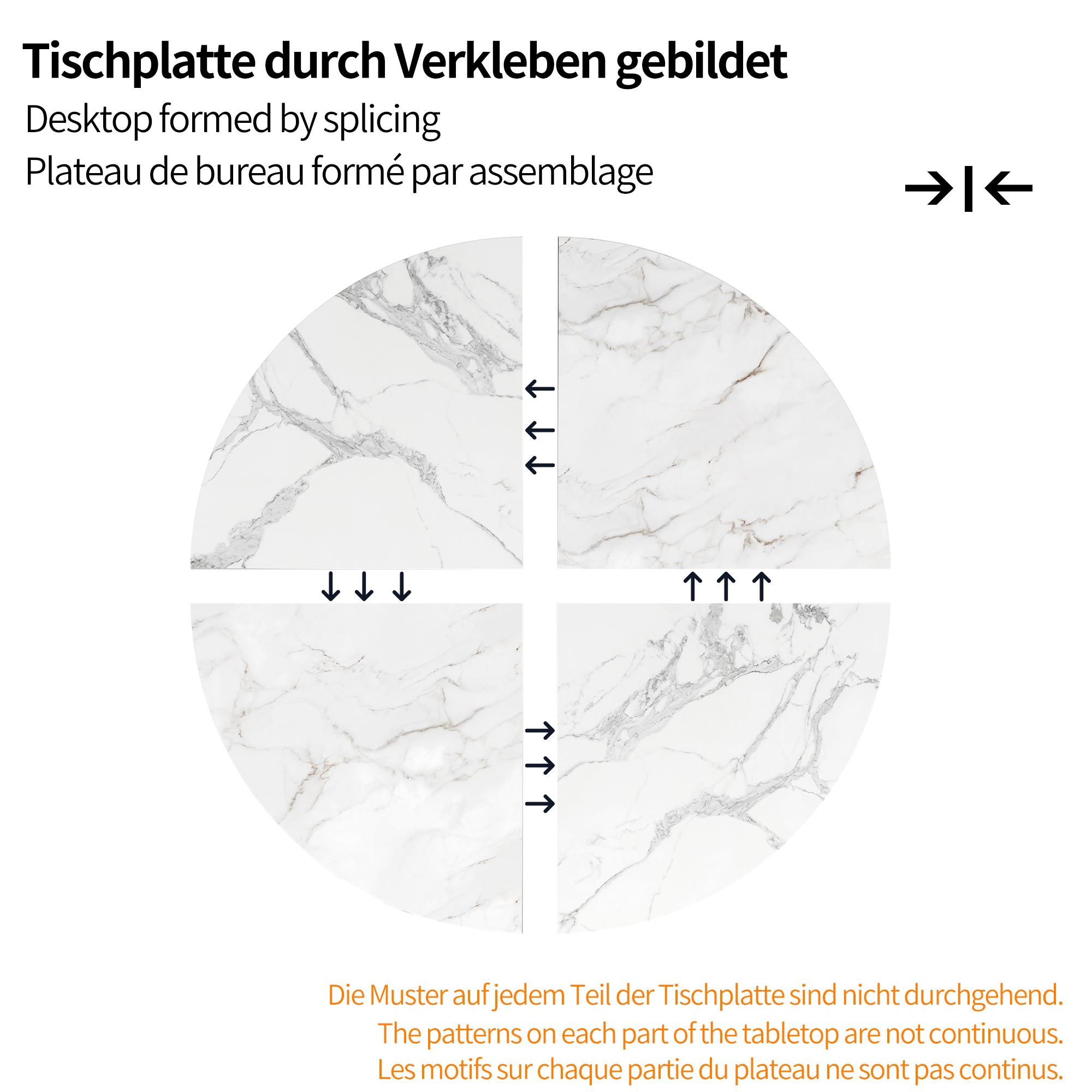 Eine Tischplatte mit Marmormuster, gebildet aus vier Teilen.