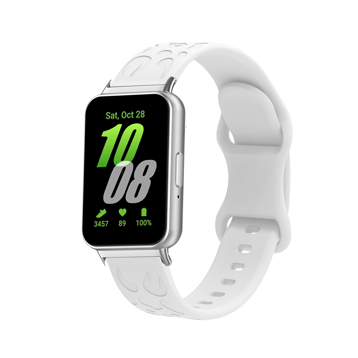 Weiße Smartwatch mit weißem Band, zeigt Zeit und Gesundheitsdaten an. Silberner Rahmen, weißer Hintergrund.