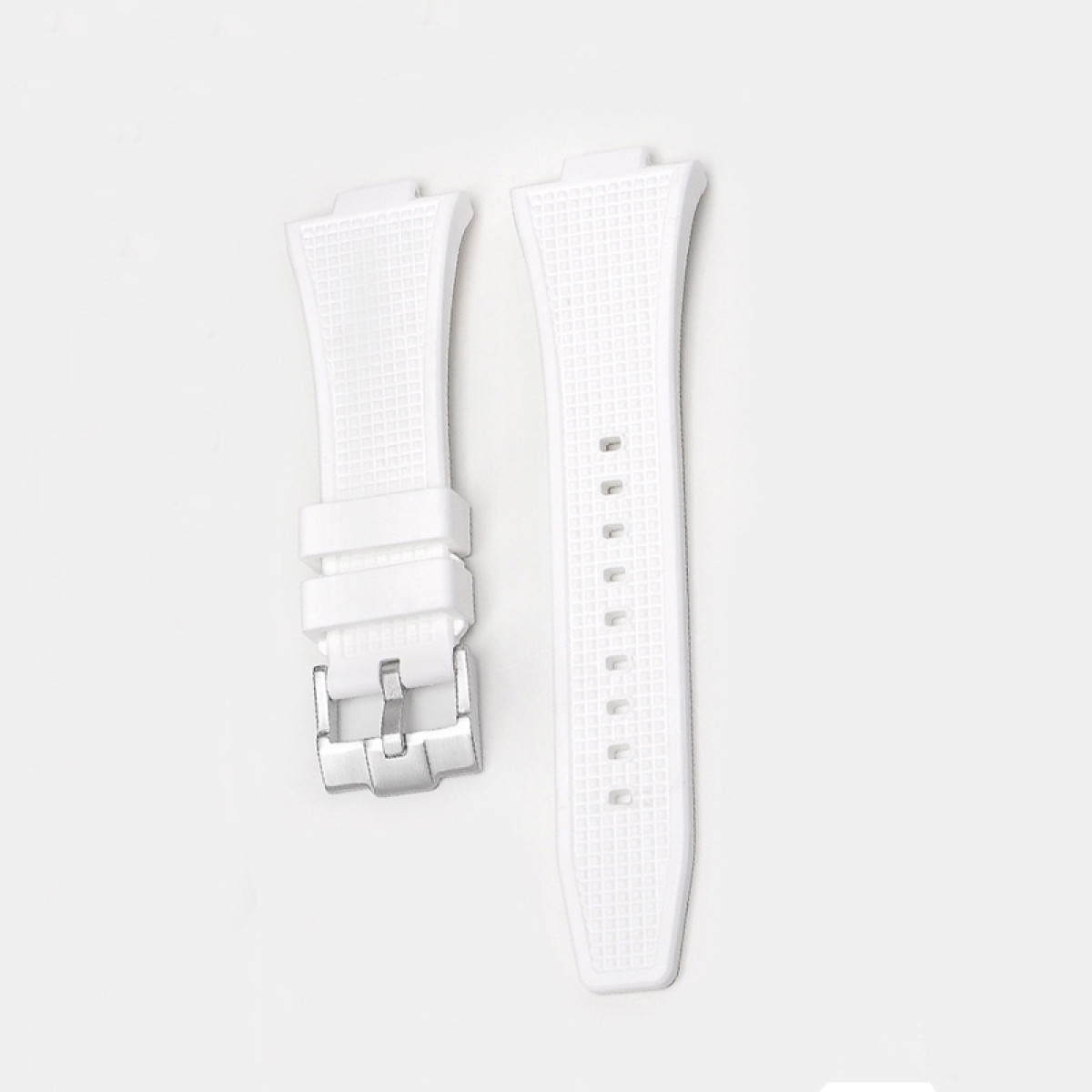 Zwei weiße Uhrenarmbänder mit silberner Schnalle. Die Armbänder haben ein strukturiertes Muster.