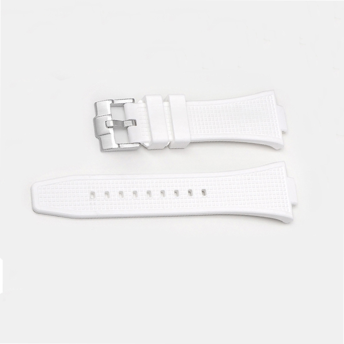 Zwei weiße Uhrenarmbänder mit strukturiertem Muster. Das obere Armband hat eine Schnalle.