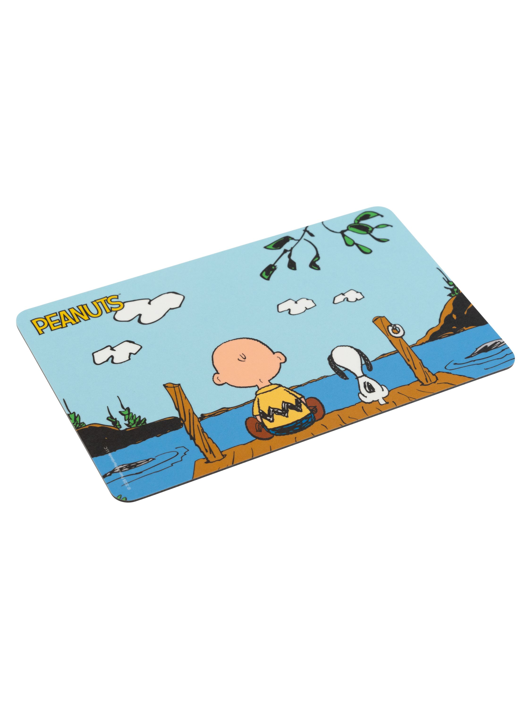 Cartoonbild von Charlie Brown und Snoopy auf einem Steg. Peanuts-Logo sichtbar.