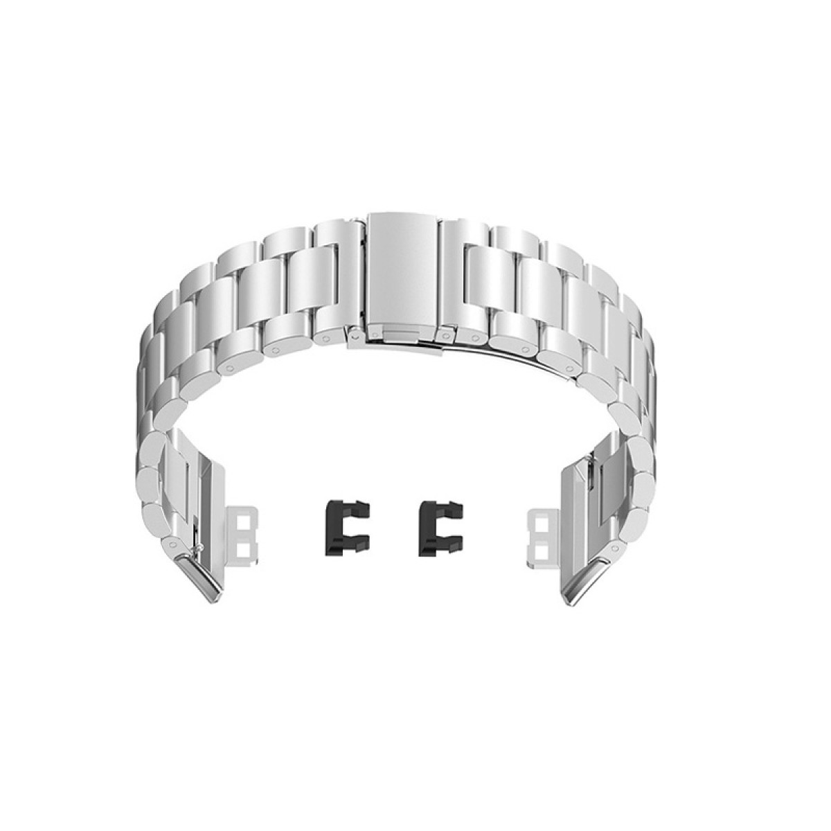 Silbernes Uhrenarmband mit Schnalle und Metallgliedern. Zwei schwarze Verbindungsteile sind abgebildet.