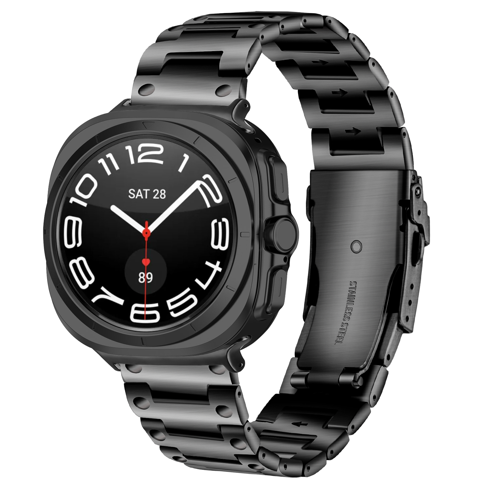 Schwarze Smartwatch mit Metallarmband. Digitalanzeige zeigt Zeit und Datum. Edelstahlband.