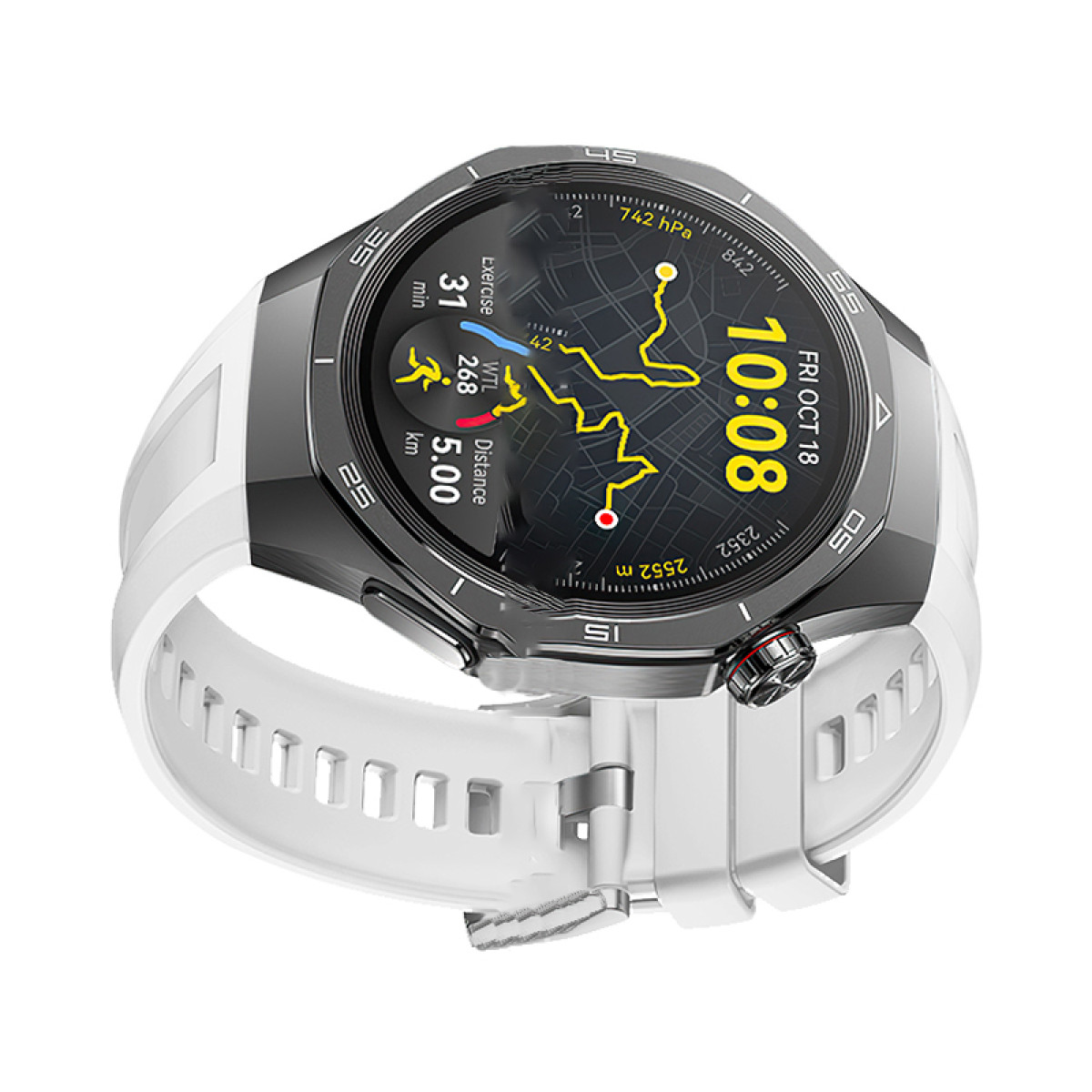 Eine weiß-schwarze Smartwatch mit einem Display, das Zeit- und Aktivitätsdaten anzeigt, isoliert auf Weiß.