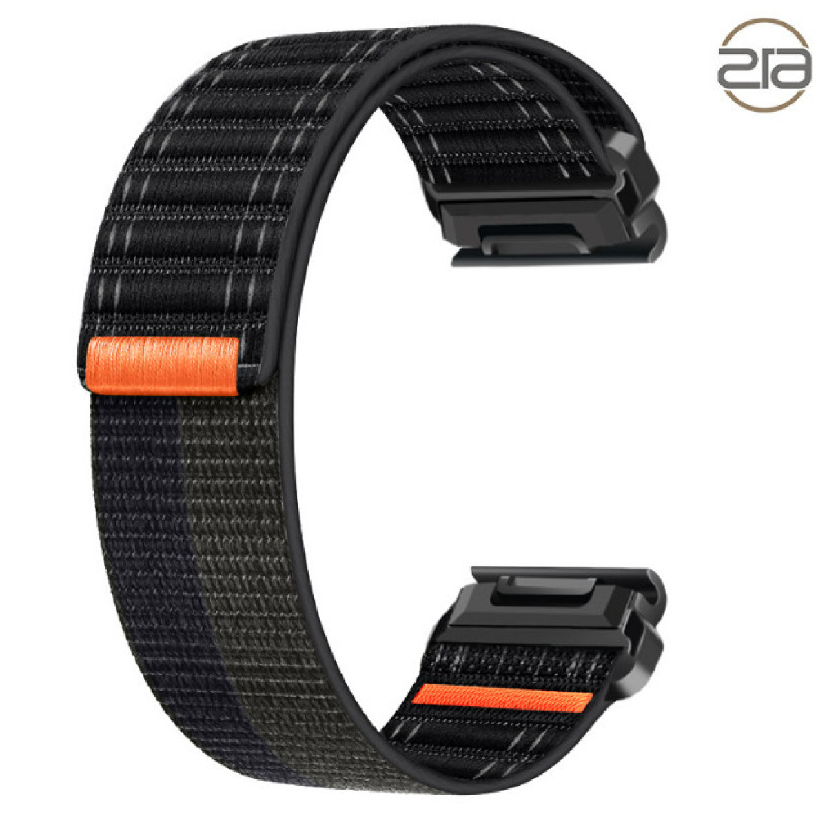 Schwarzes Uhrenarmband. Strukturierte Webung mit orangefarbenen Akzenten. Metallverschlüsse.