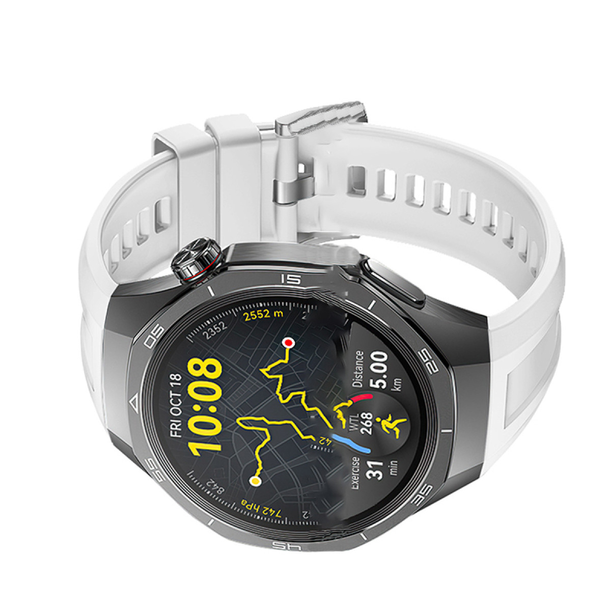 Smartwatch mit weißem Armband. Schwarze Lünette mit Digitalanzeige, die Karte, Zeit und Distanz zeigt.