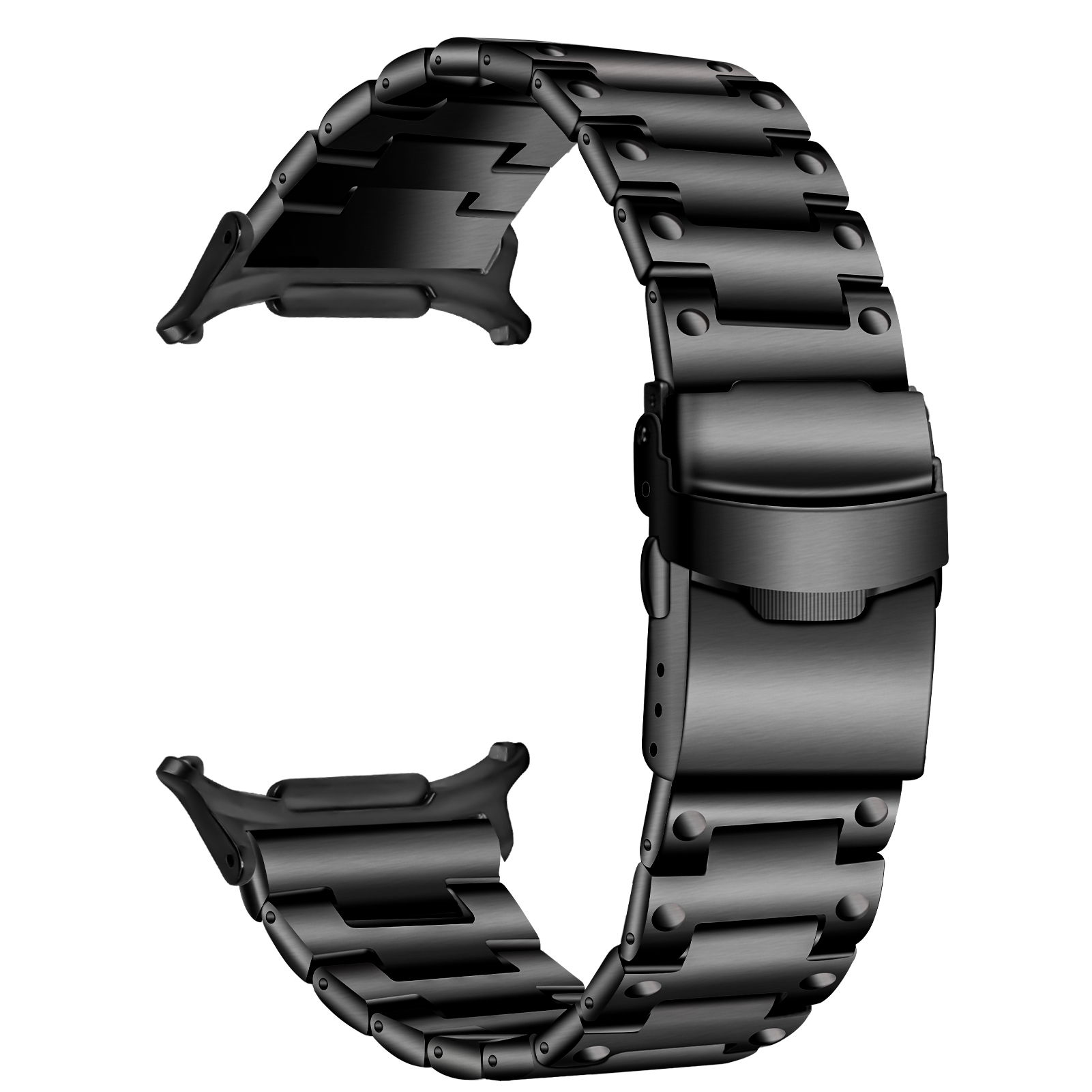 Schwarzes Metall-Uhrenarmband. Glieder-Stil. Isoliert auf Weiß. Edelstahl. Nahaufnahme des Verschlusses.
