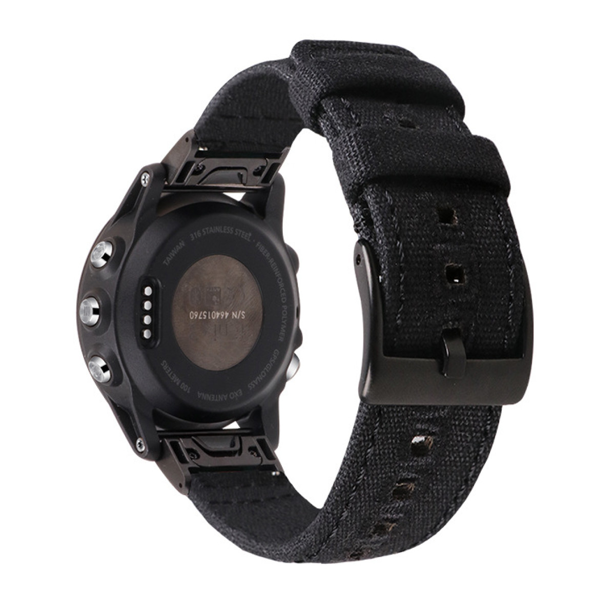 Rückseite einer schwarzen Smartwatch mit schwarzem Stoffarmband. Knöpfe und Sensoren sichtbar.