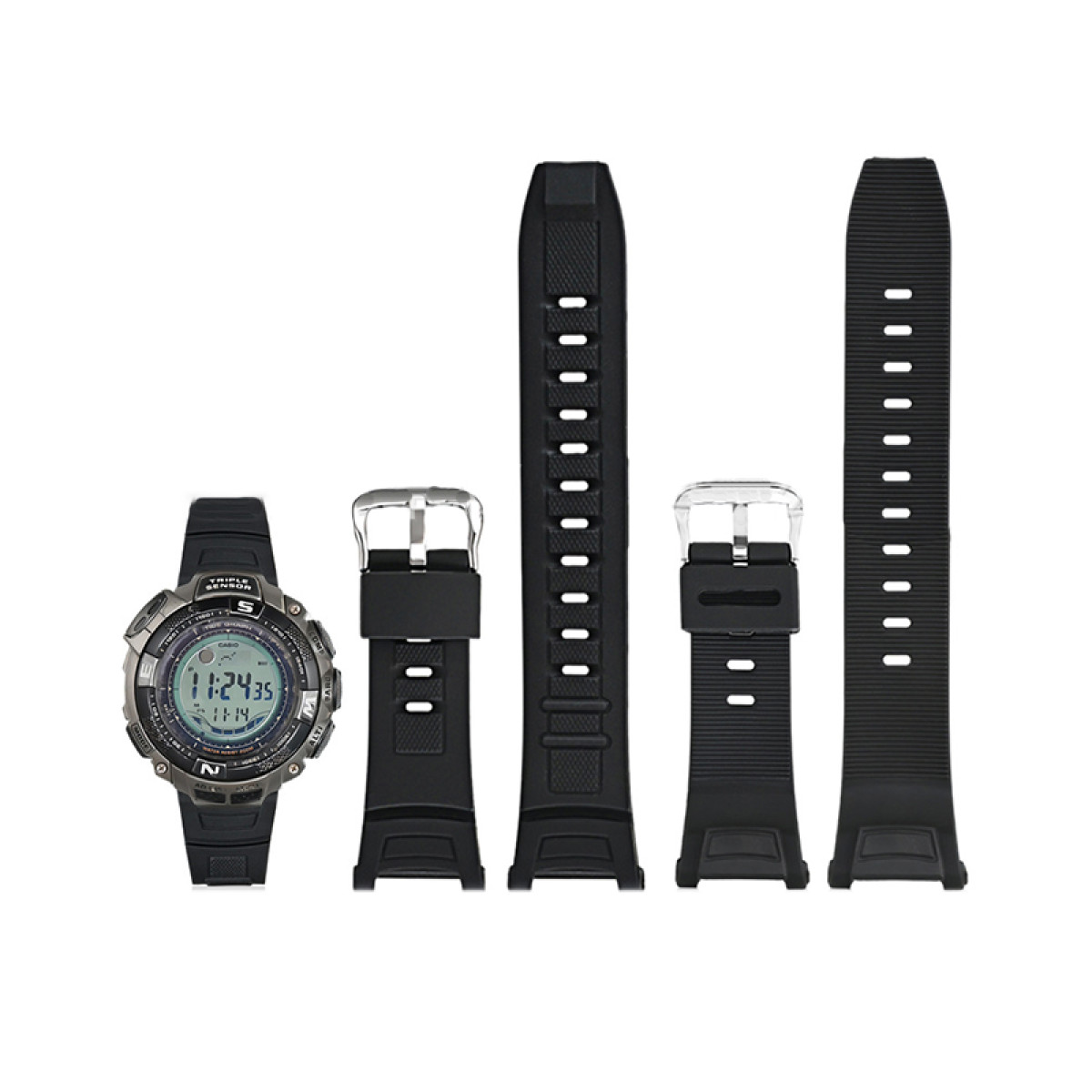 Orologio nero con cinturini neri e fibbia argentata, e cinturini aggiuntivi.