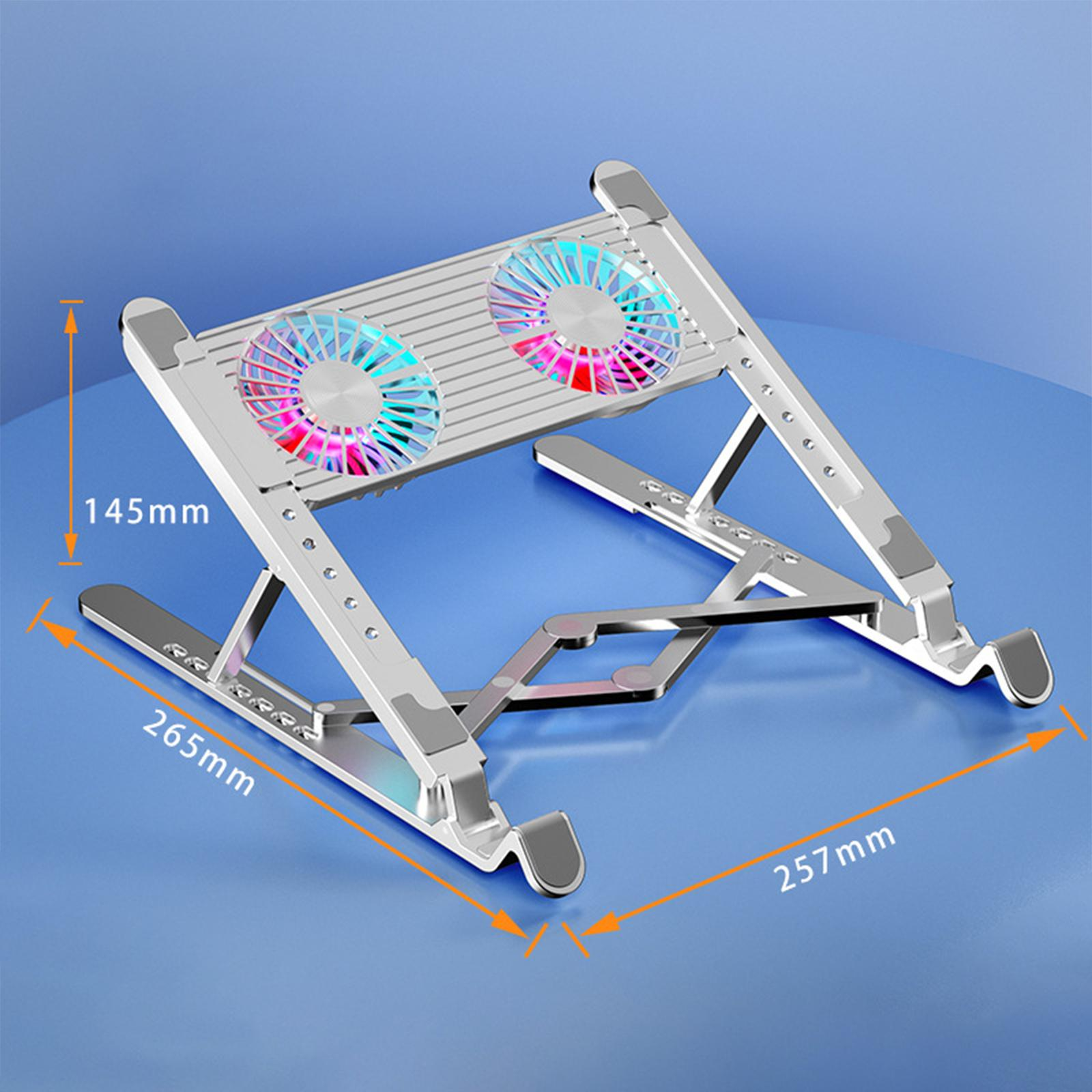 Silberner Laptop-Kühler mit zwei Lüftern. Abmessungen: 265 mm x 257 mm x 145 mm. Auf blauem Hintergrund.