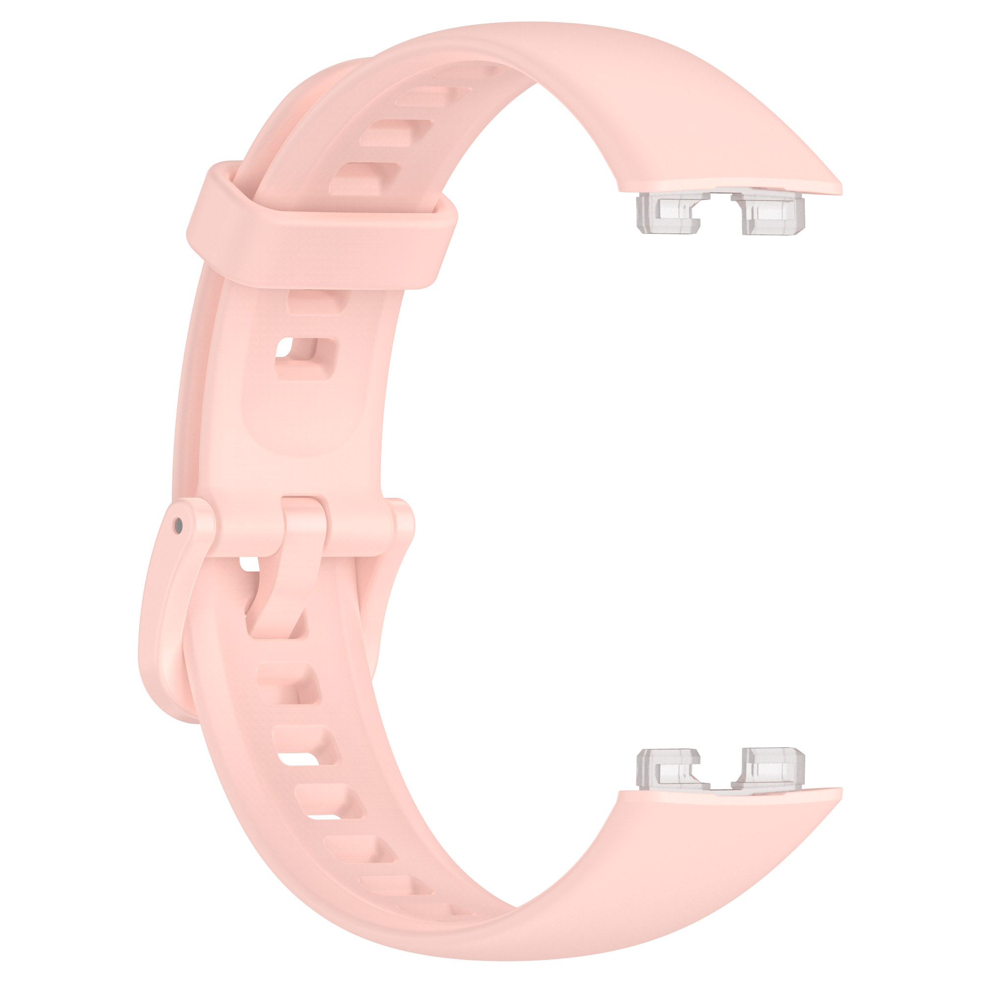 Cinturino rosa con fibbia argentata, a forma curva.