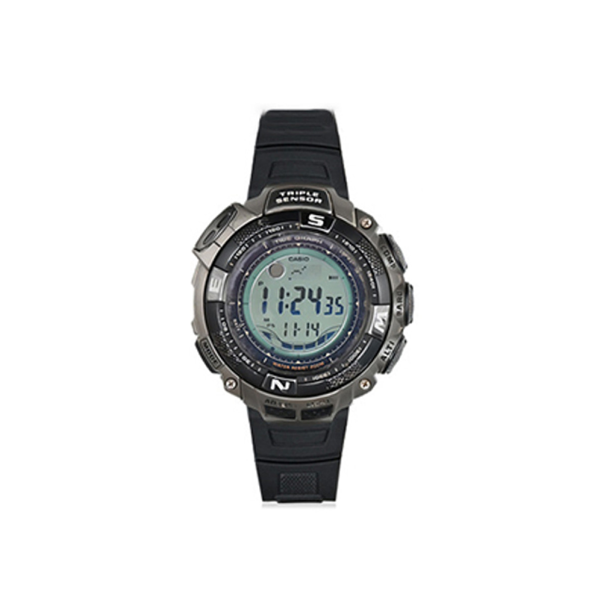 Un orologio Casio nero con display digitale. L'orologio è su sfondo bianco.