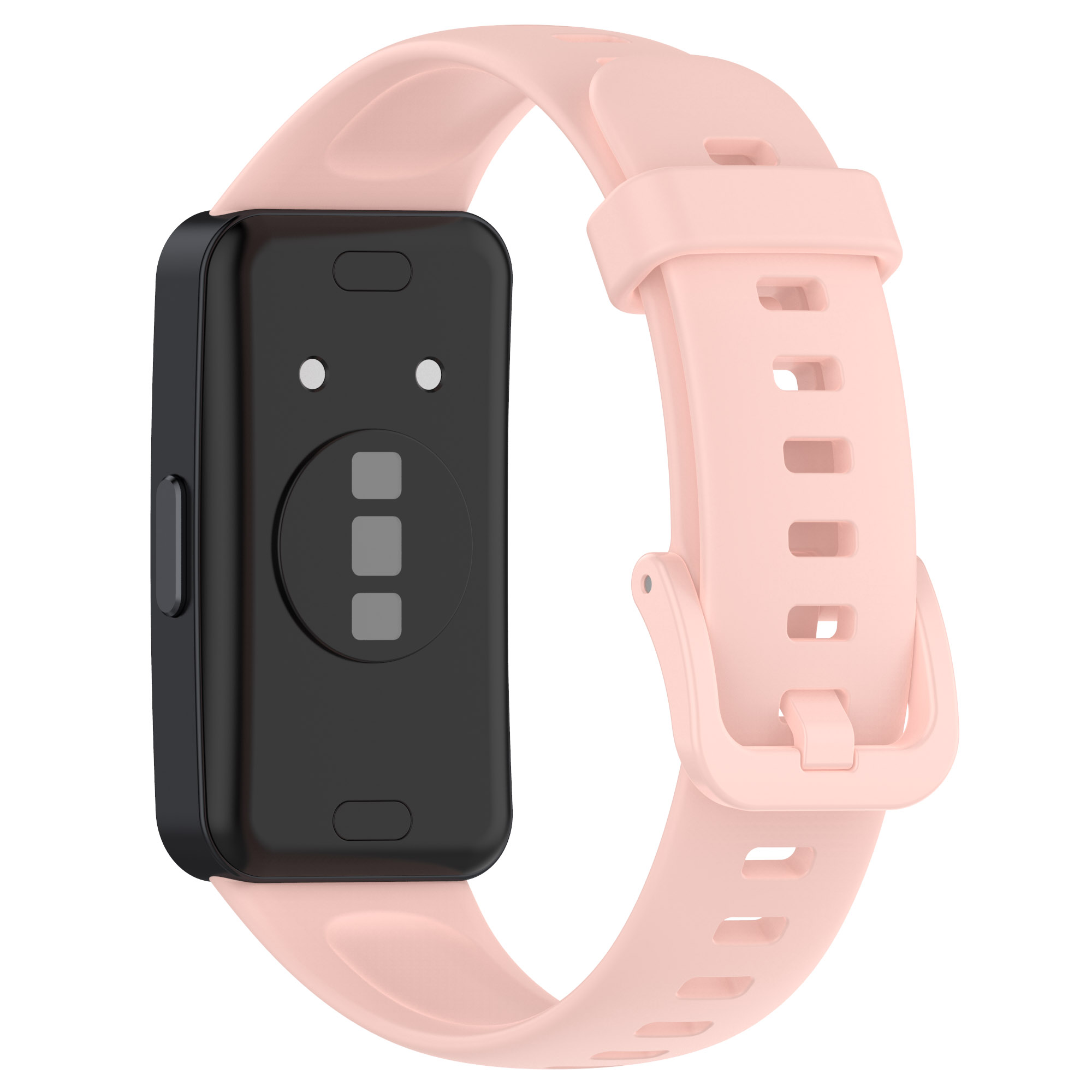 Un cinturino per smartwatch rosa chiaro con cassa nera. È su sfondo bianco.