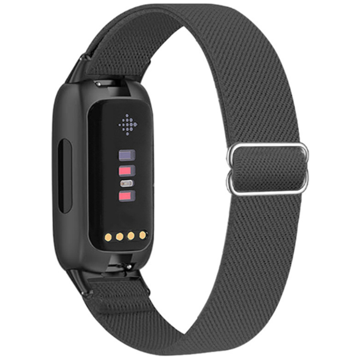 Fascia per fitness tracker nera con cinturino elastico grigio e fibbia metallica.