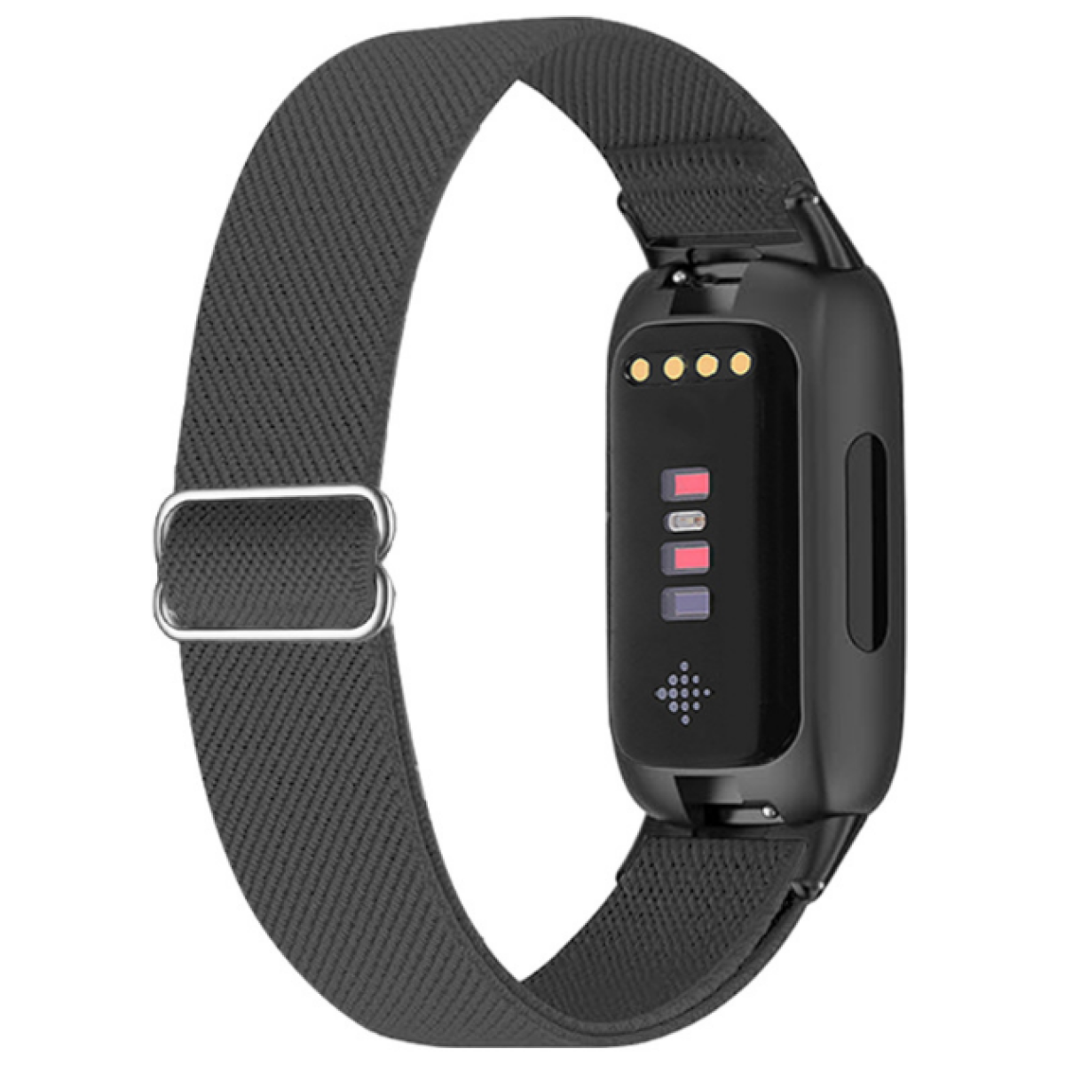 Fitness tracker grigio scuro con cinturino grigio e display nero.