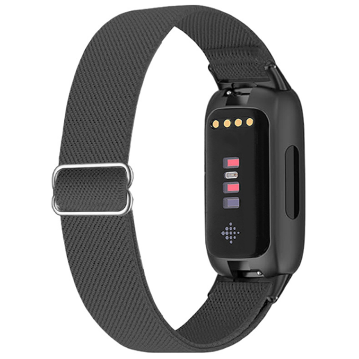 Fascia per fitness tracker nera con cinturino elastico grigio e fibbia metallica.